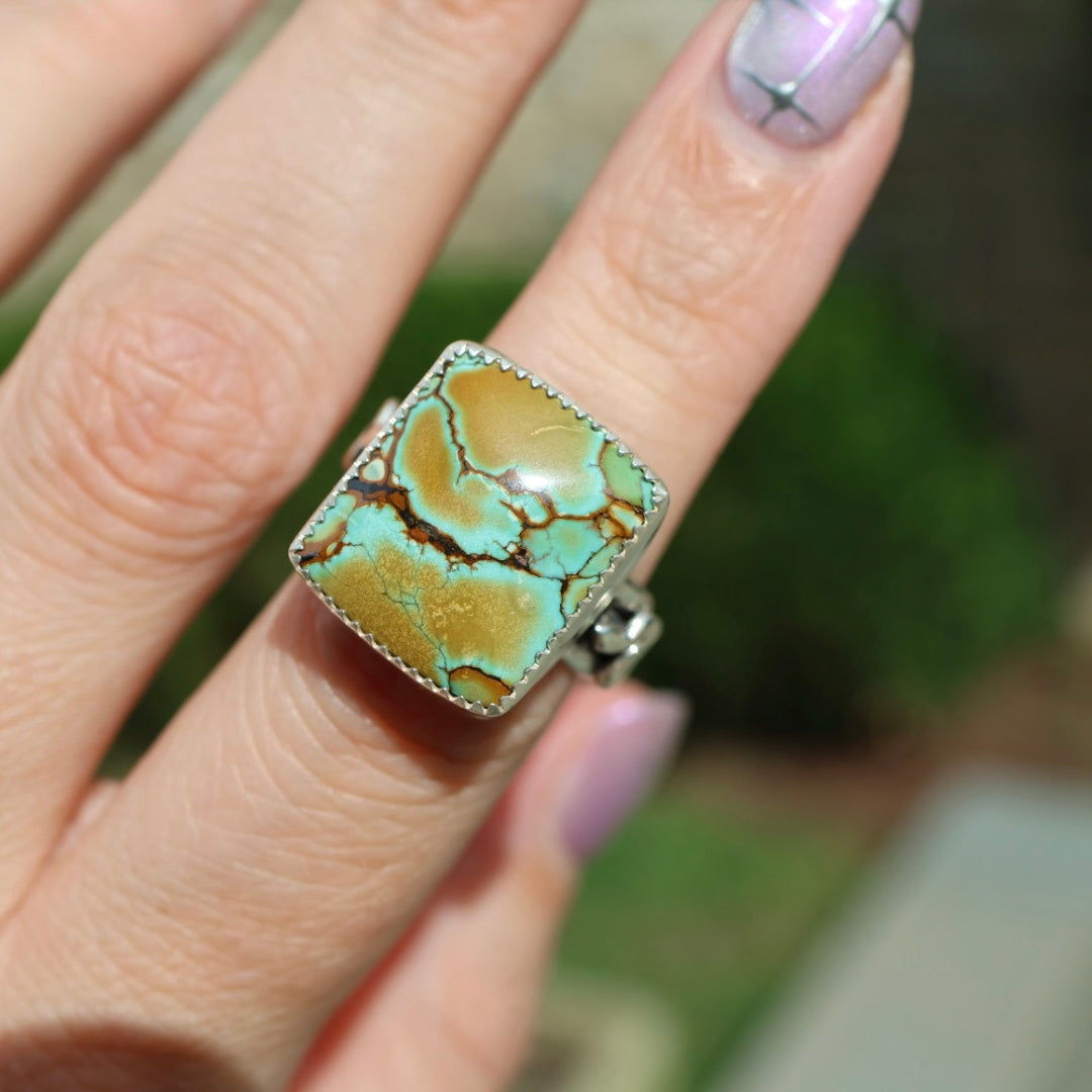Turquoise Barrel Ring with Silver Snakes (Size 6.25)
