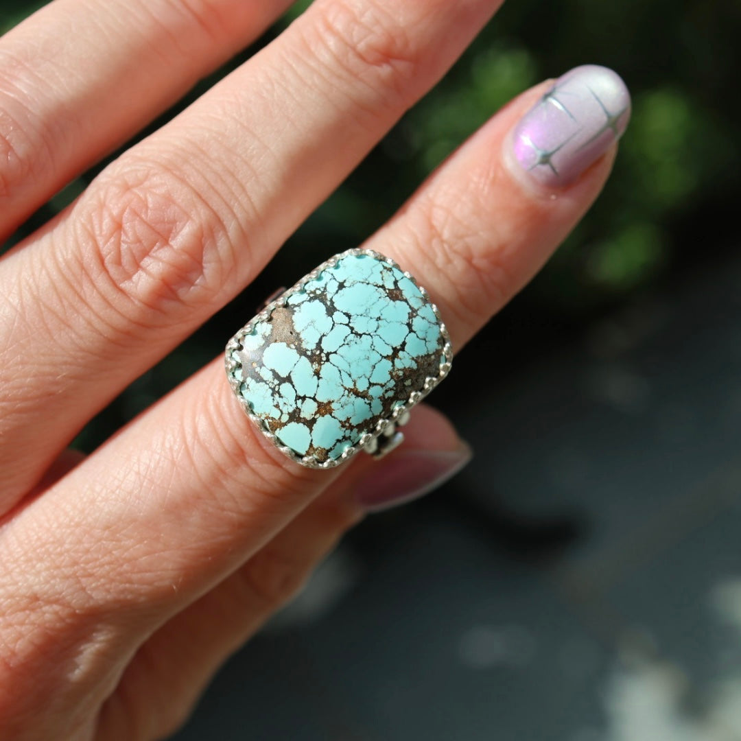 Turquoise Barrel Ring with Silver Lightning Bolts (Size 6.75-7)