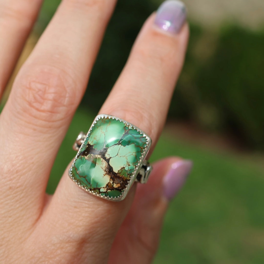 Turquoise Barrel Ring with Silver Snakes (Size 7)