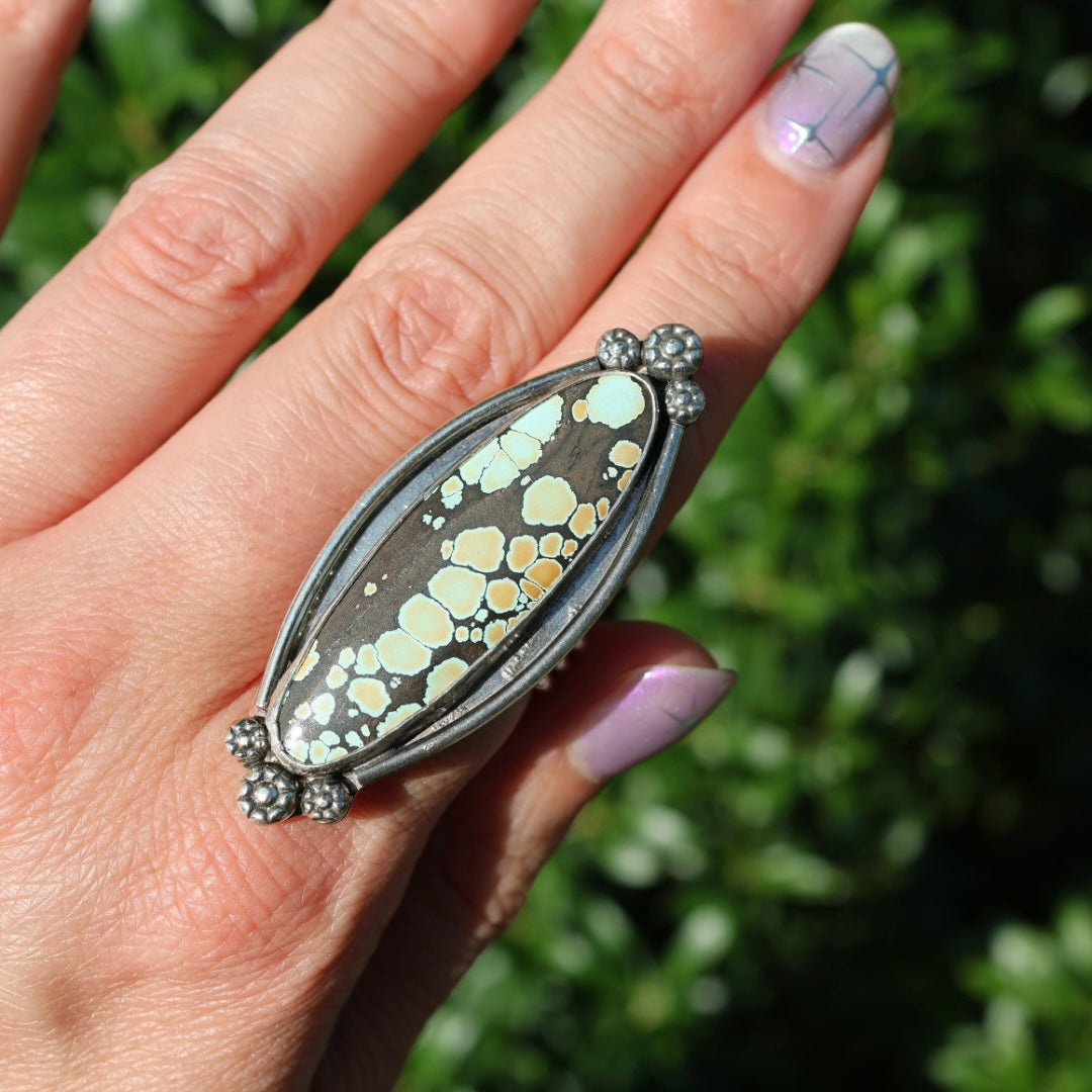 Turquoise Surfboard Ring in Sterling Silver | Decorative Sterling Border — Size 8, One of a Kind