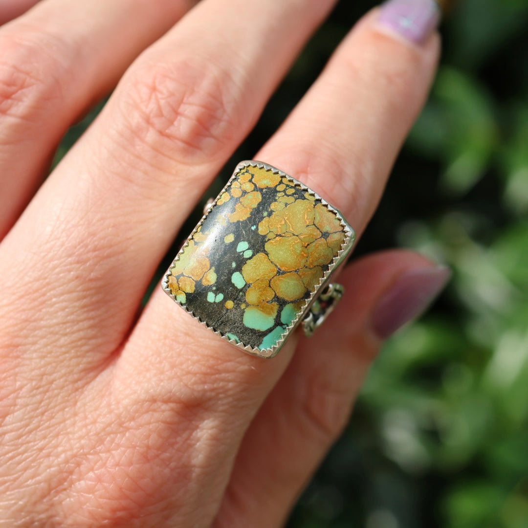 Turquoise Barrel Ring with Horseshoes (Size 7.5-8)