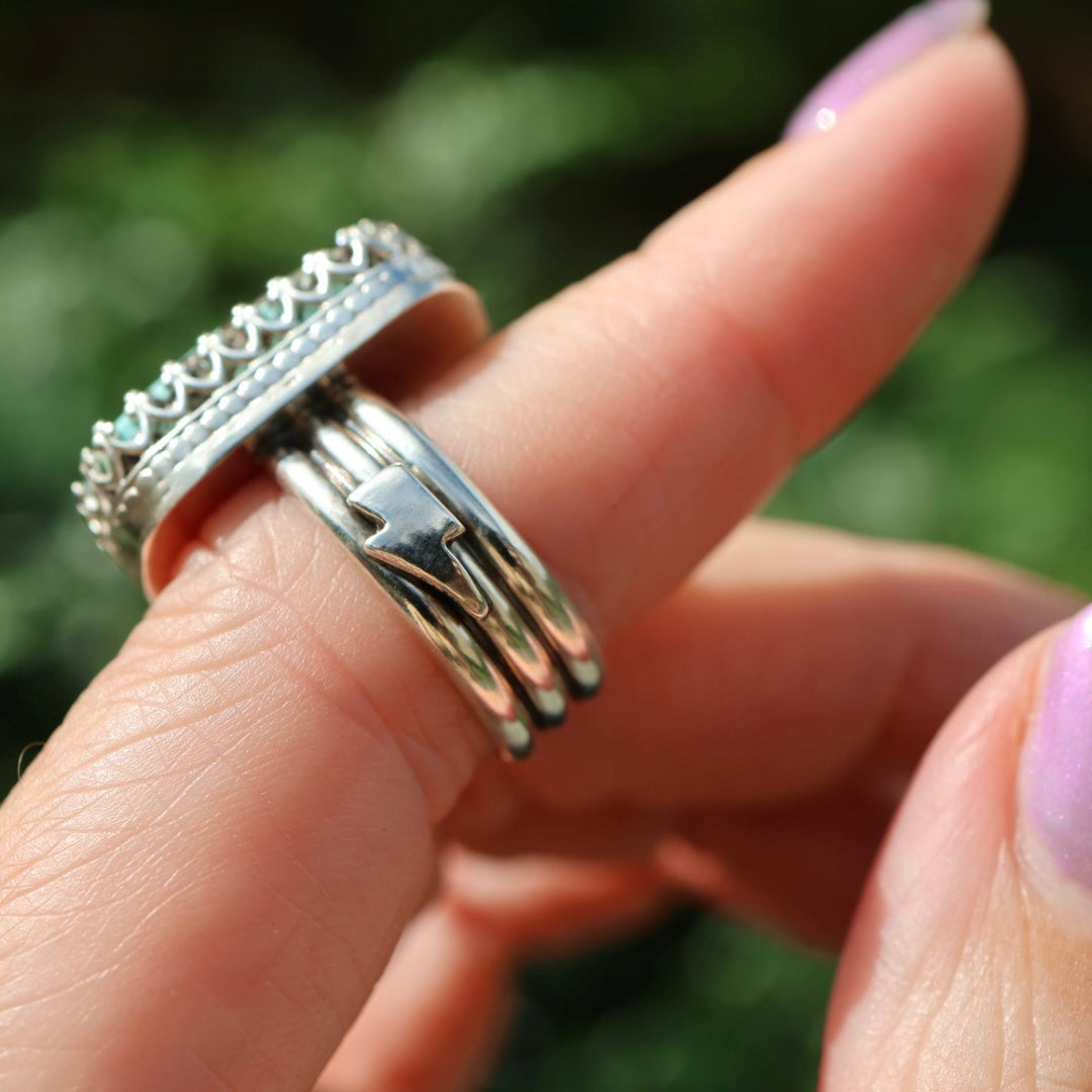 Turquoise Barrel Ring with Silver Lightning Bolts (Size 6.75-7)