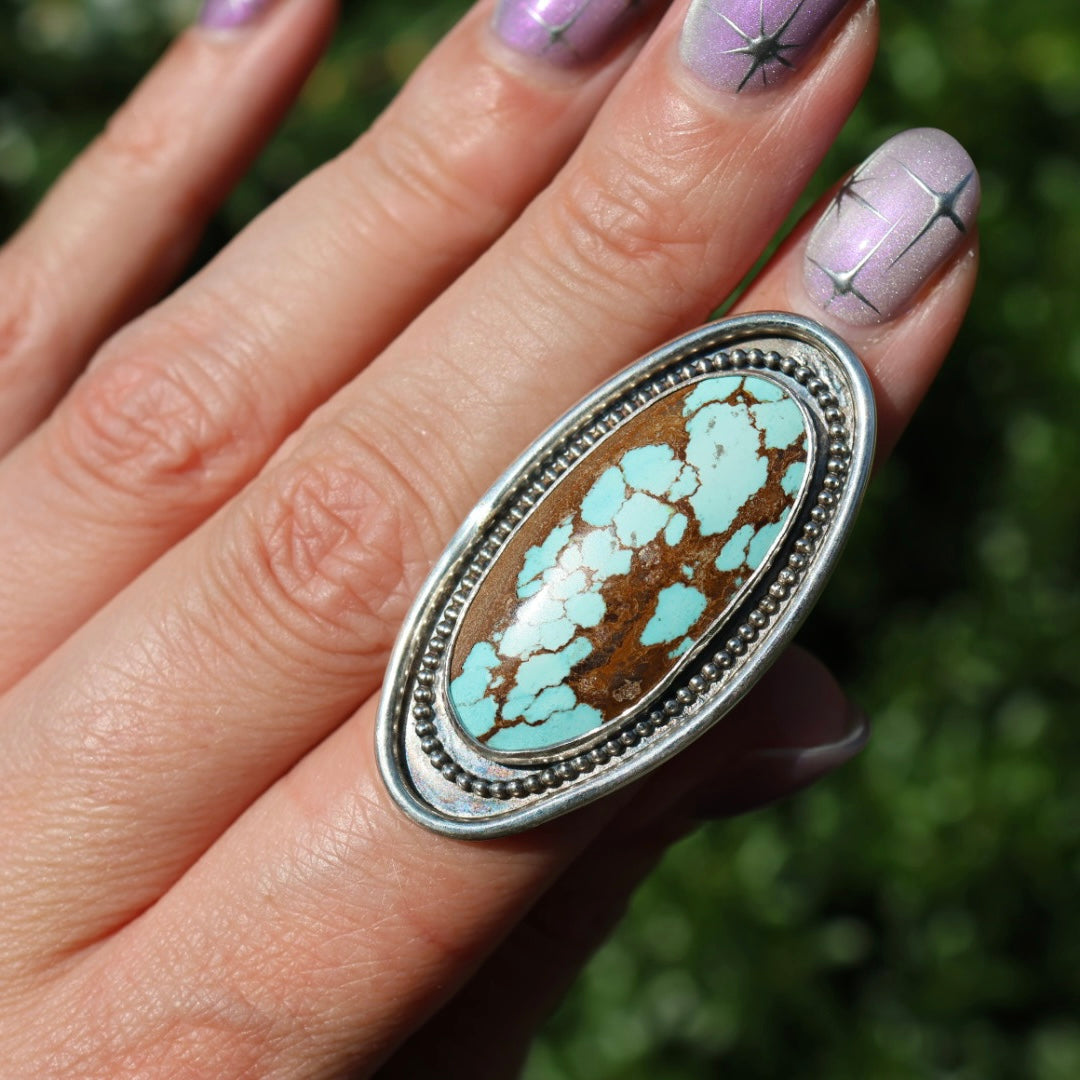 Turquoise Surfboard Ring in Sterling Silver | Decorative Sterling Border — One of a Kind | Size 5.5
