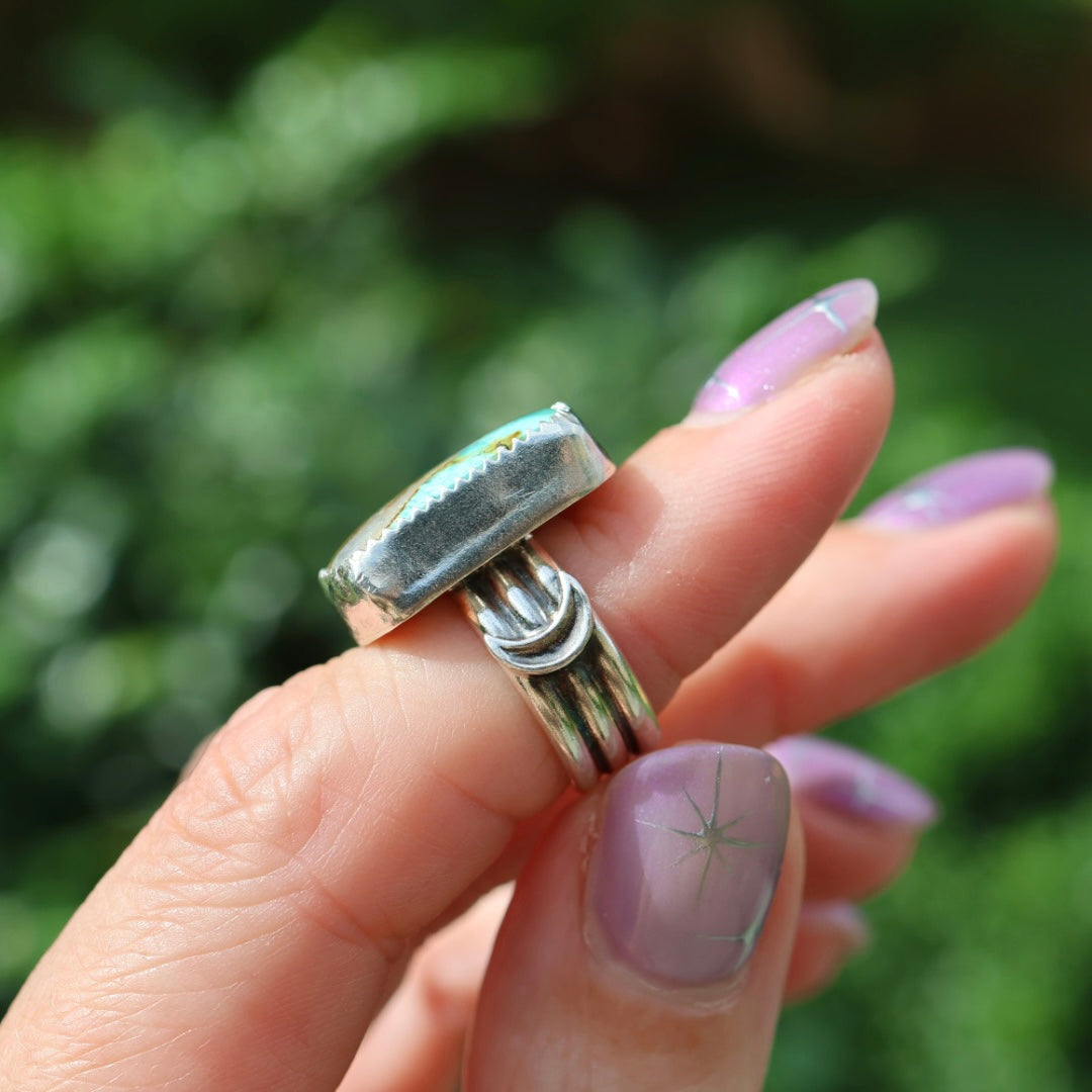Turquoise Barrel Ring with Silver Moons (Size 4-4.25)