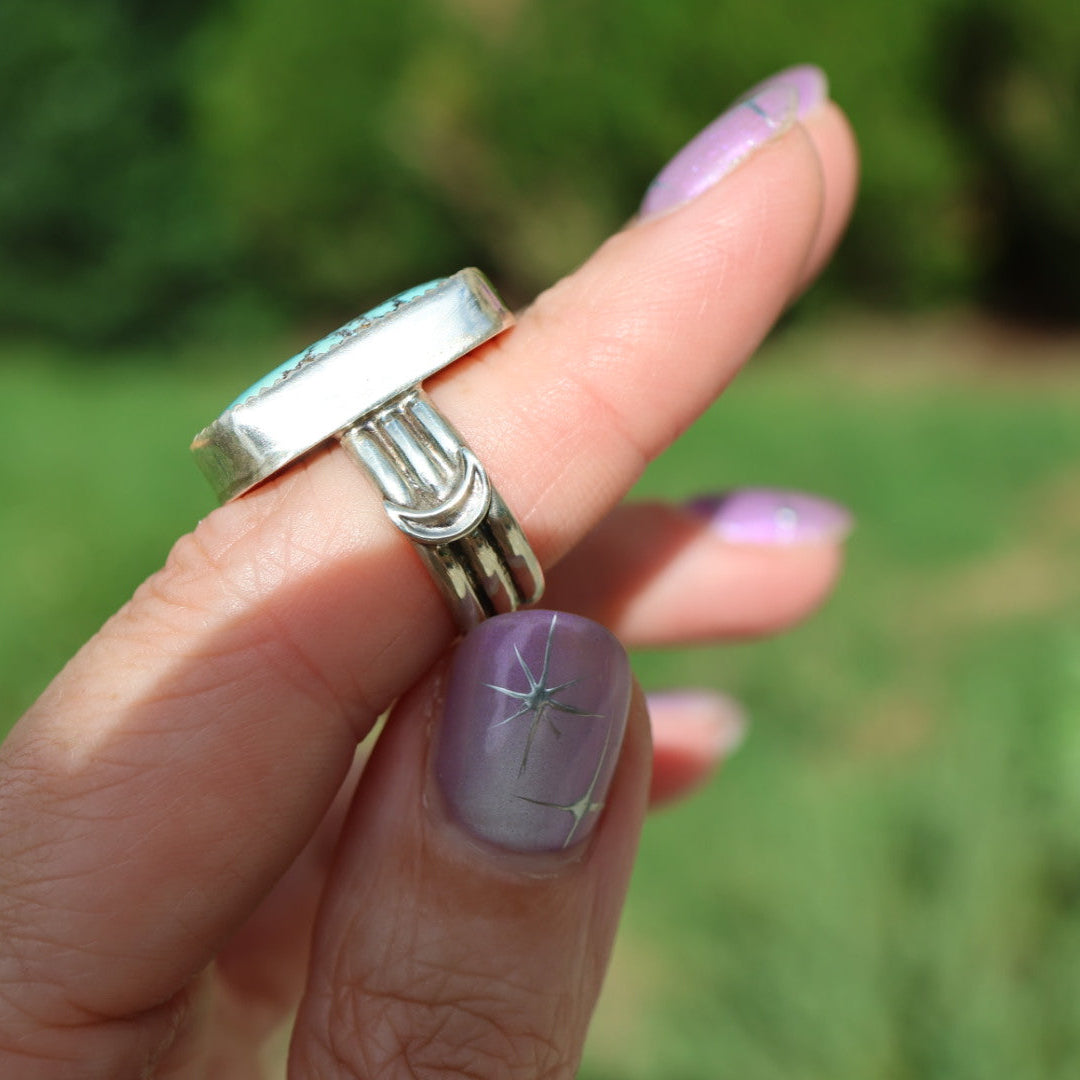 Turquoise Barrel Ring with Silver Moons (Size 5.5-5.75)