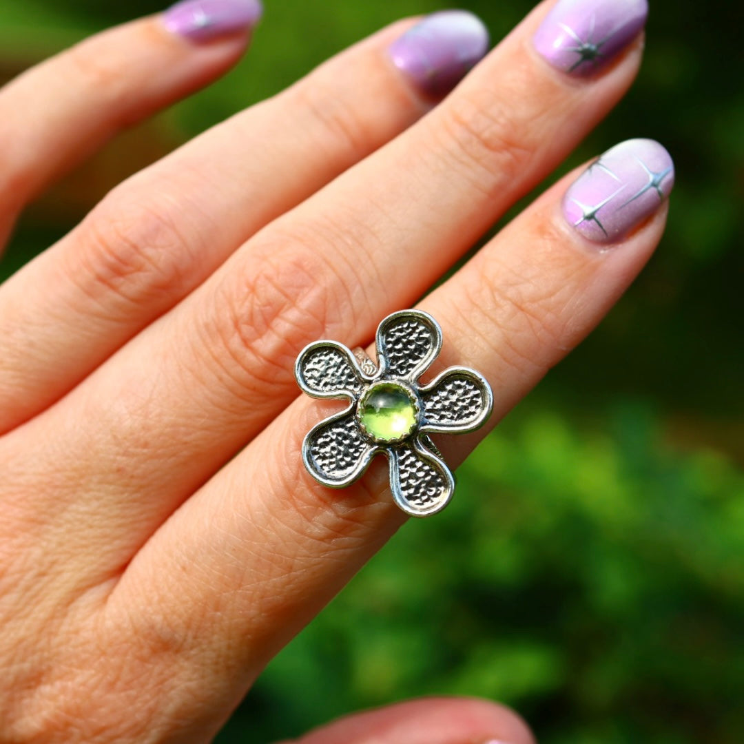 Sterling Silver Flower Ring with Peridot