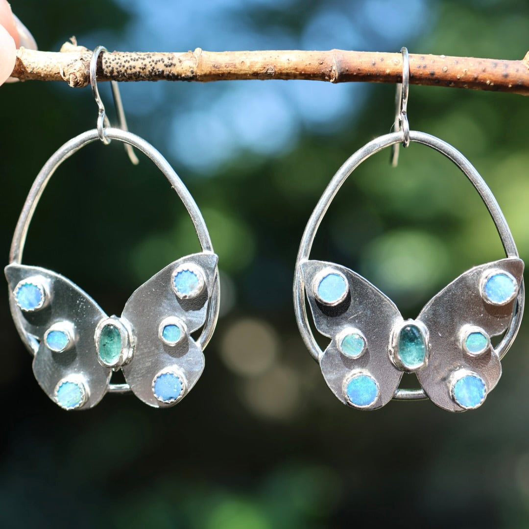 Tourmaline & Opal Sterling Silver Butterfly Earrings