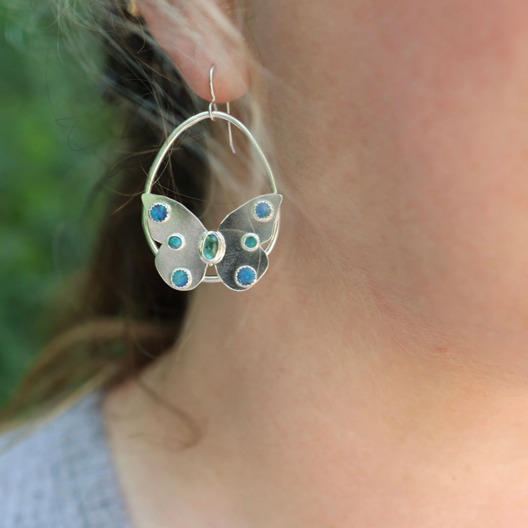Tourmaline & Opal Sterling Silver Butterfly Earrings