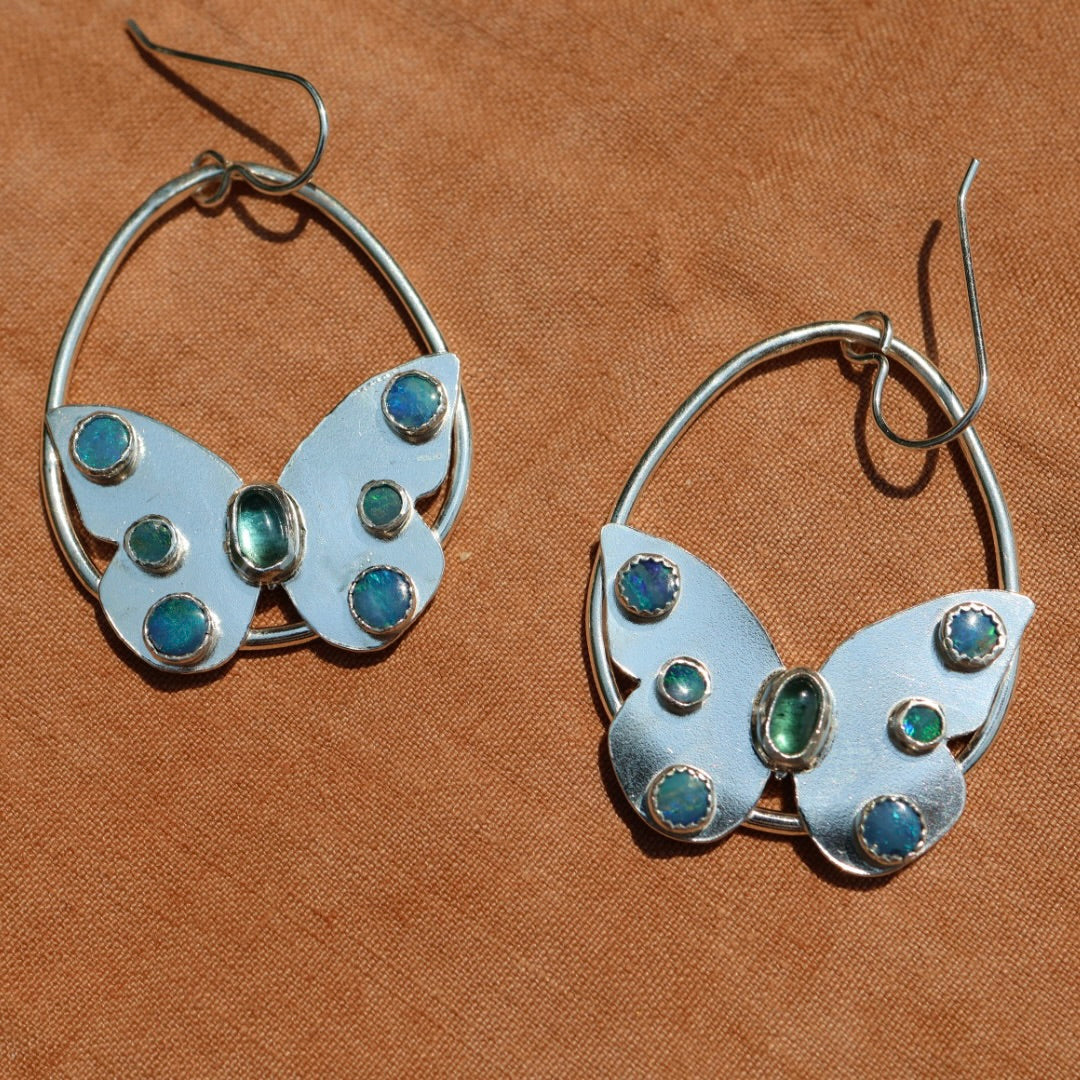 Tourmaline & Opal Sterling Silver Butterfly Earrings