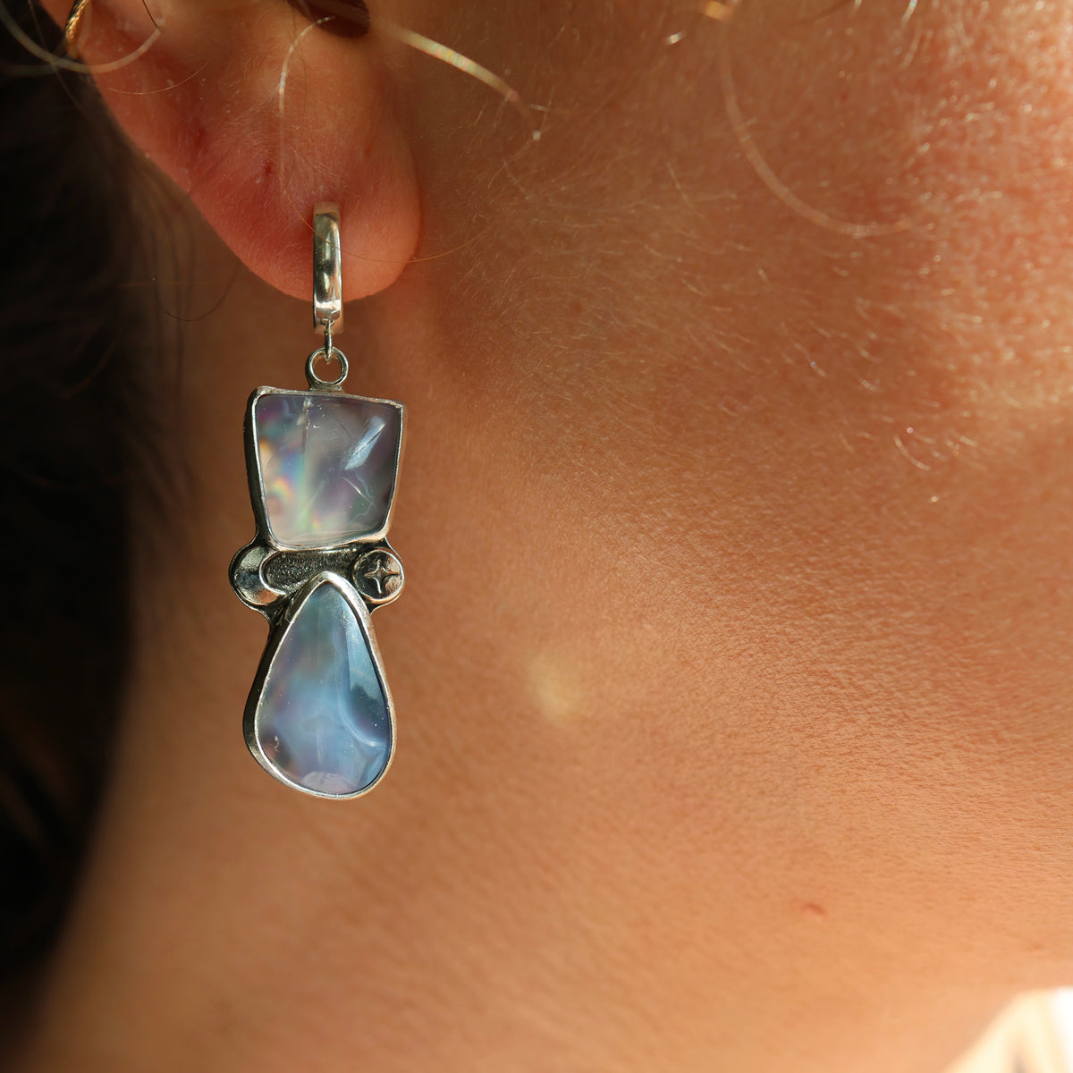 Celestial Blue & New Zealand Abalone Earrings | Huggie Hoops | Moon & Star Earrings