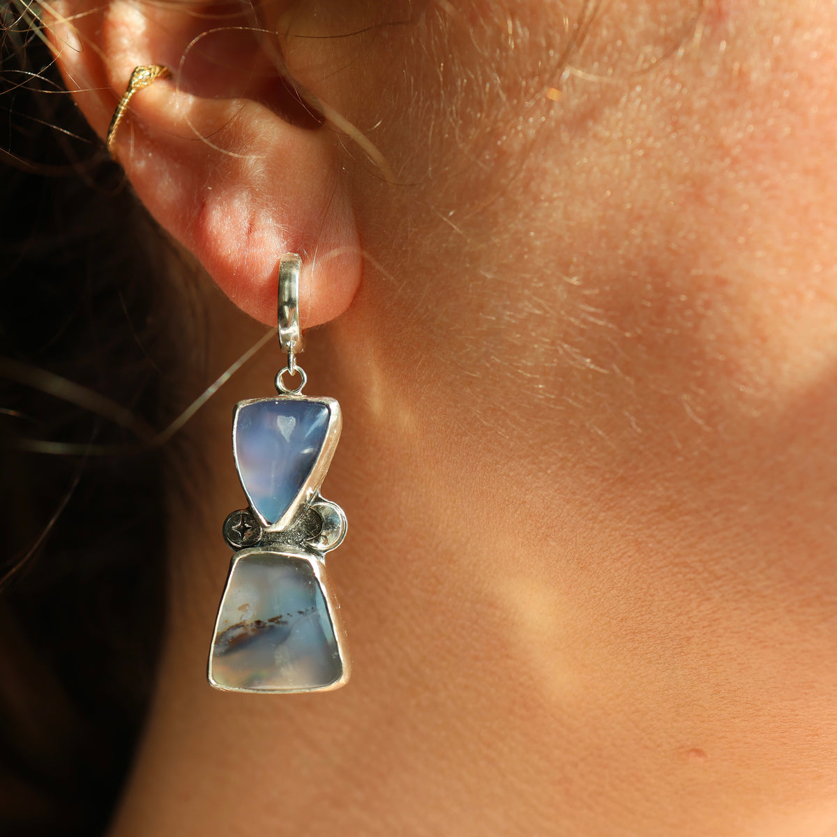 Celestial Blue & New Zealand Abalone Earrings | Huggie Hoops | Moon & Star Earrings