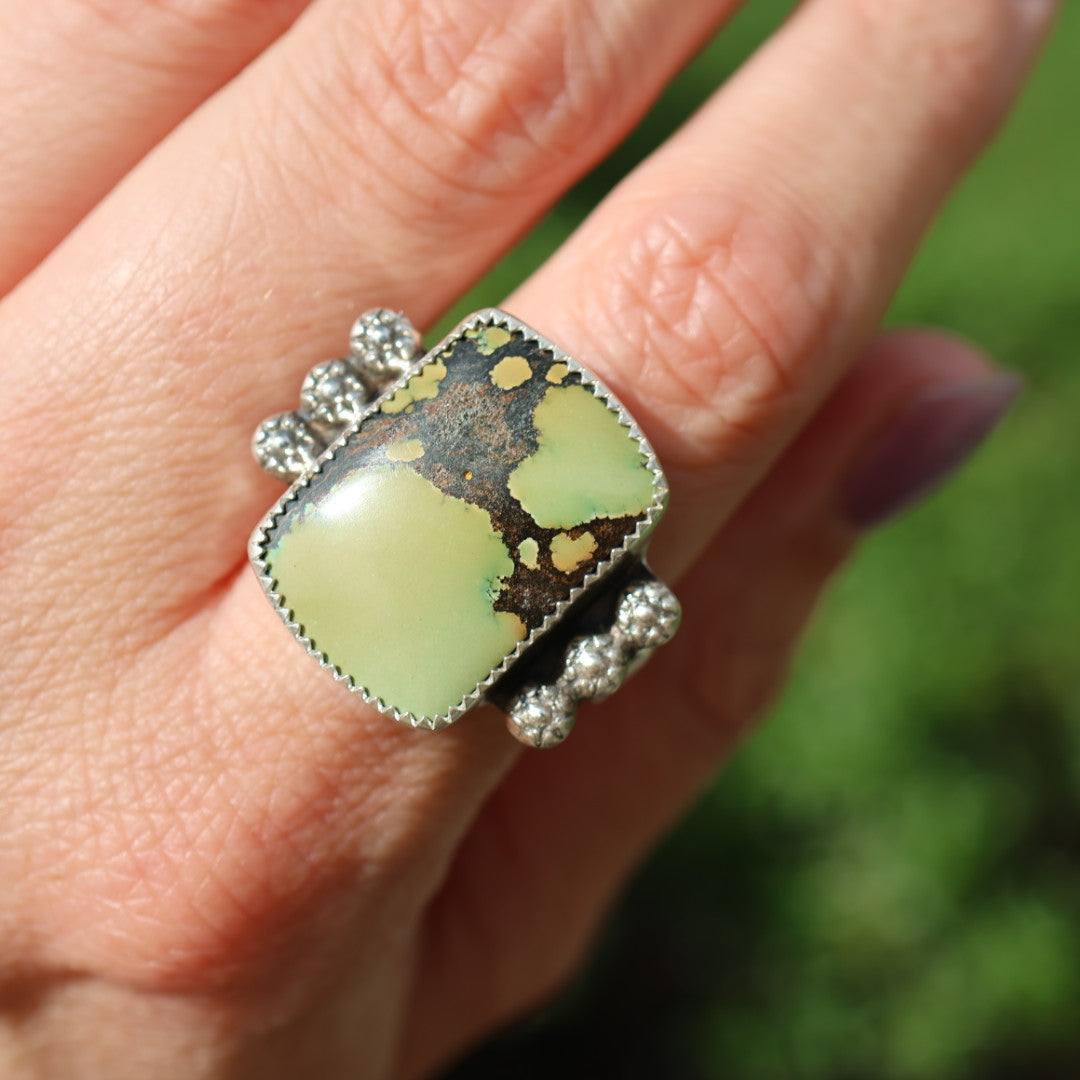 Turquoise Barrel Ring with Silver Snakes (Size 9)