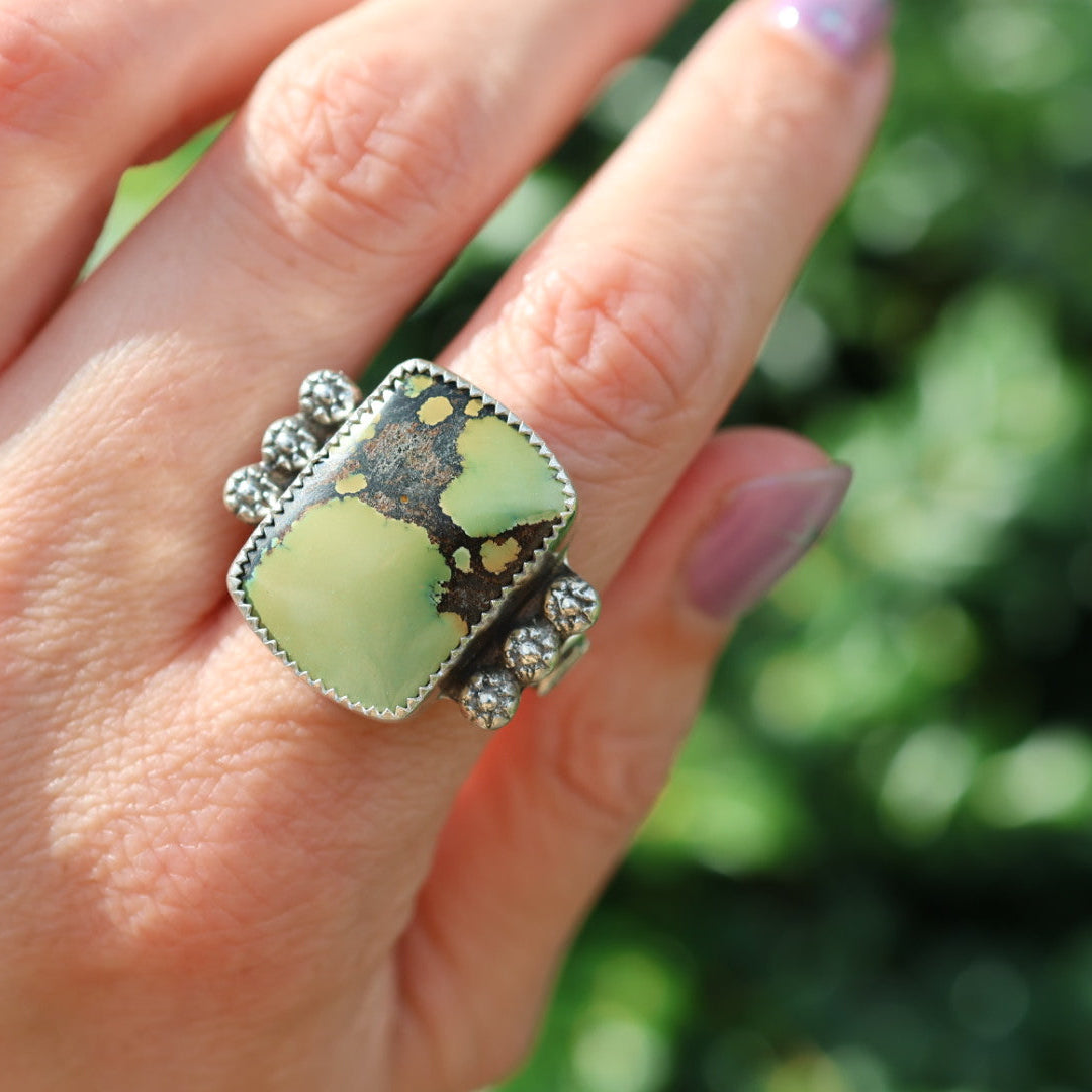 Turquoise Barrel Ring with Silver Snakes (Size 9)