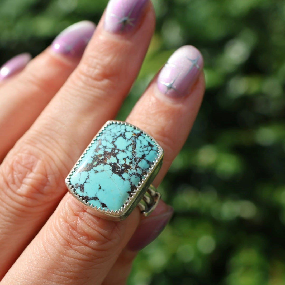 Turquoise Barrel Ring with Silver Moons (Size 5.5-5.75)