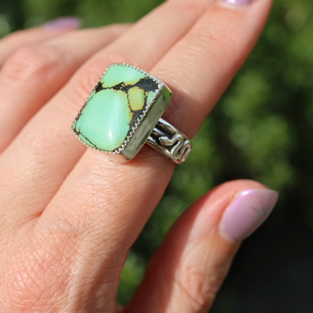 Turquoise Barrel Ring with Silver Snakes (Size 7.25)