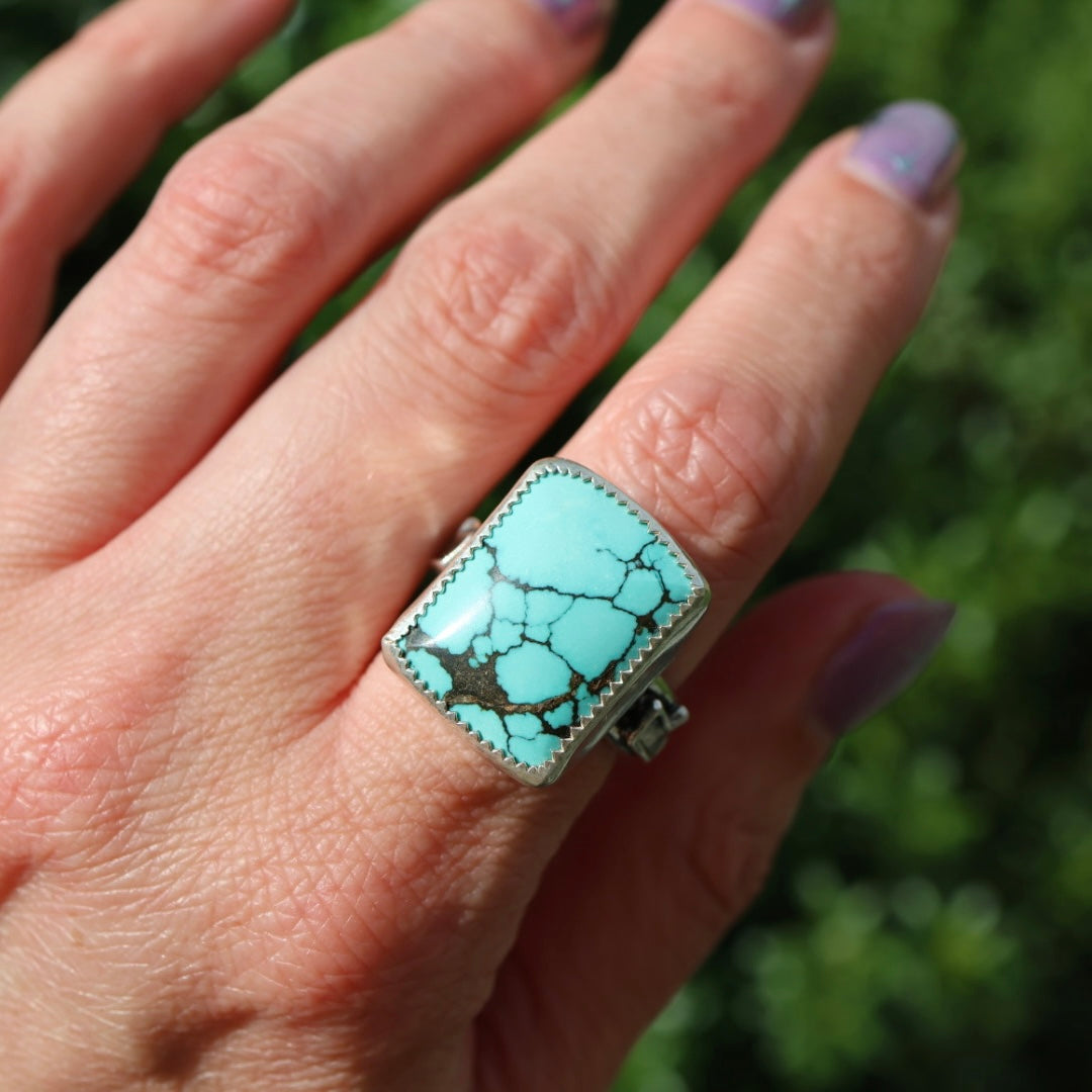 Turquoise Barrel Ring with Silver Lightning Bolts (Size 8-8.5)
