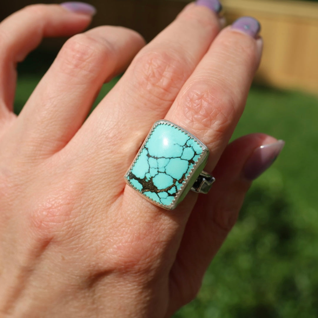 Turquoise Barrel Ring with Silver Lightning Bolts (Size 8-8.5)