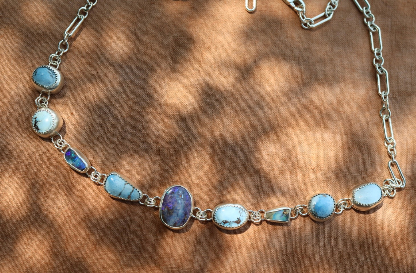 Opal and Golden Hills Turquoise Choker Necklace in Sterling Silver | Colorful Gemstone Statement — One of a Kind