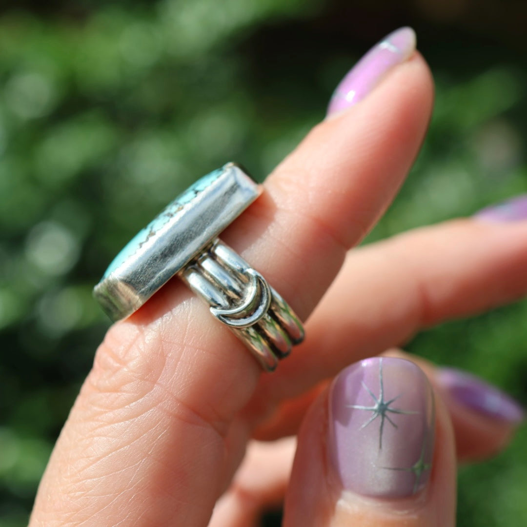 Turquoise Barrel Ring with Silver Moons (Size 5.5-5.75)