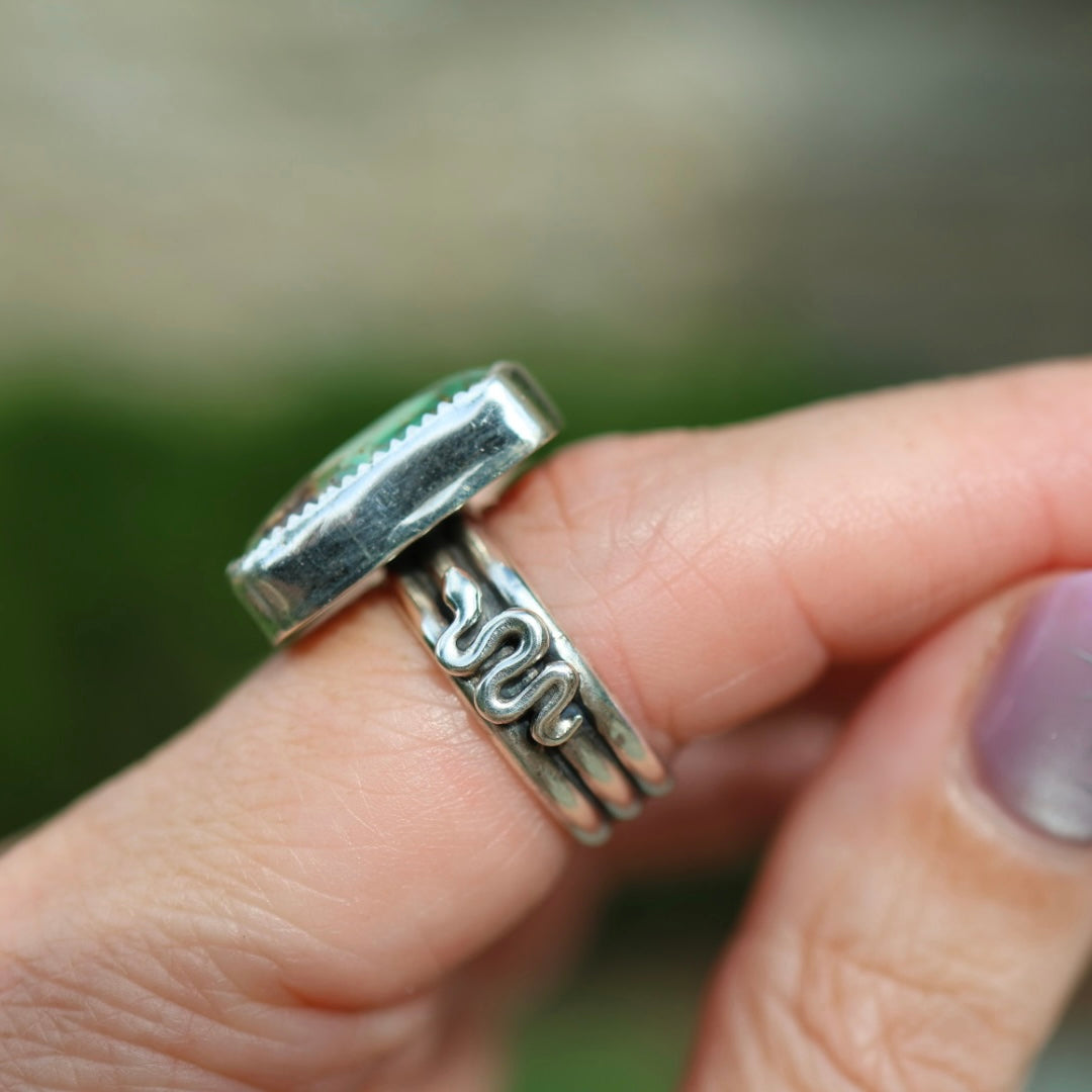 Turquoise Barrel Ring with Silver Snakes (Size 7)