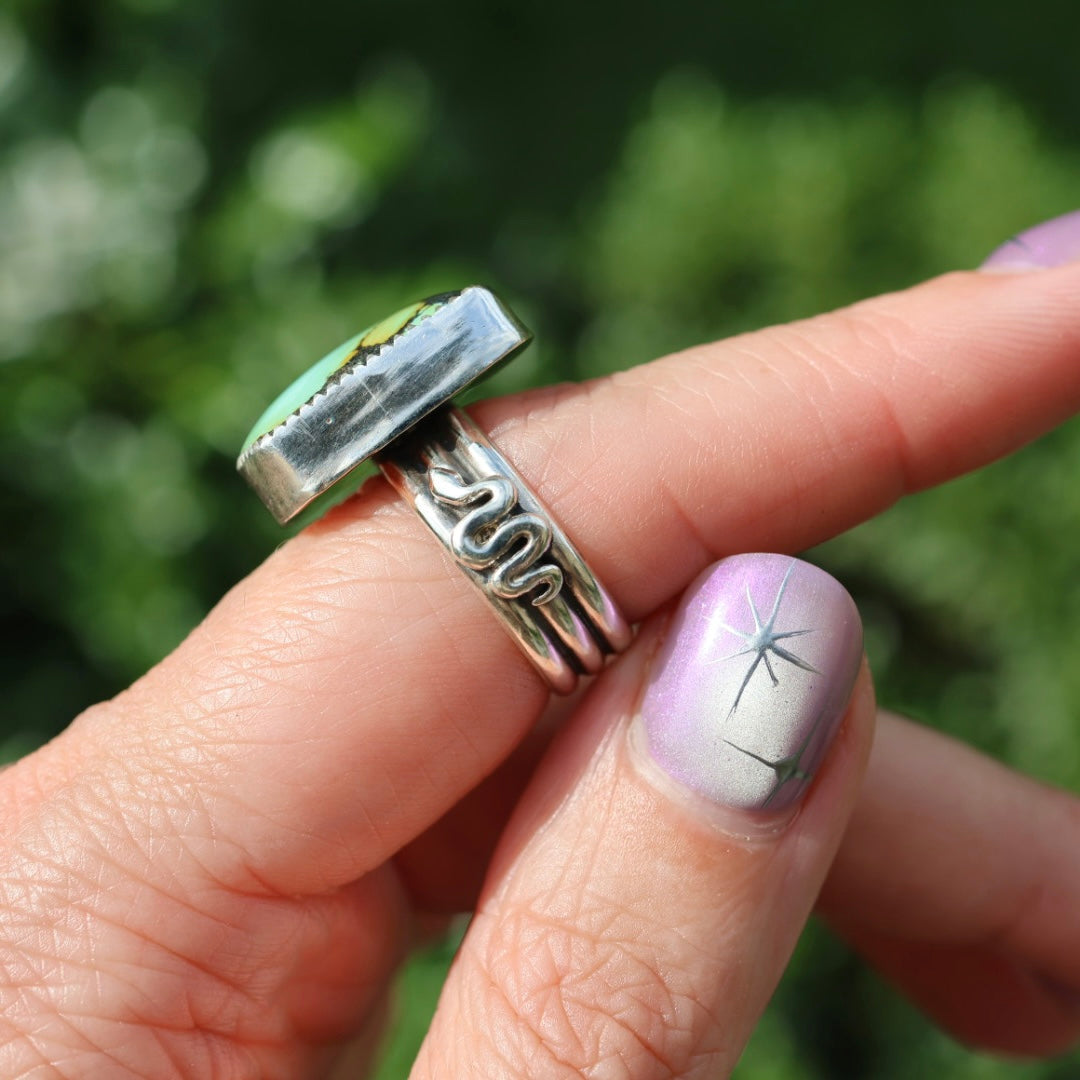 Turquoise Barrel Ring with Silver Snakes (Size 7.25)