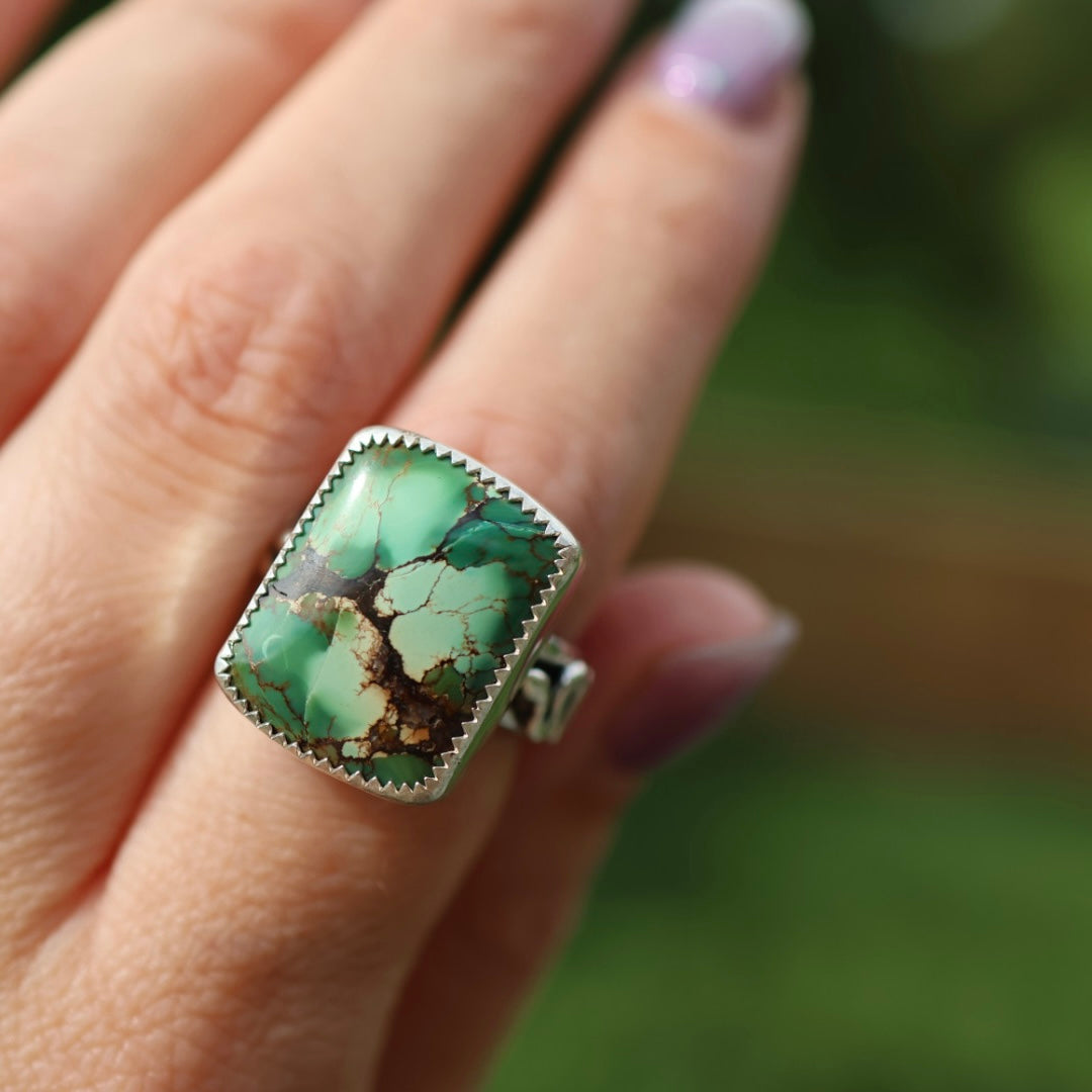 Turquoise Barrel Ring with Silver Snakes (Size 7)
