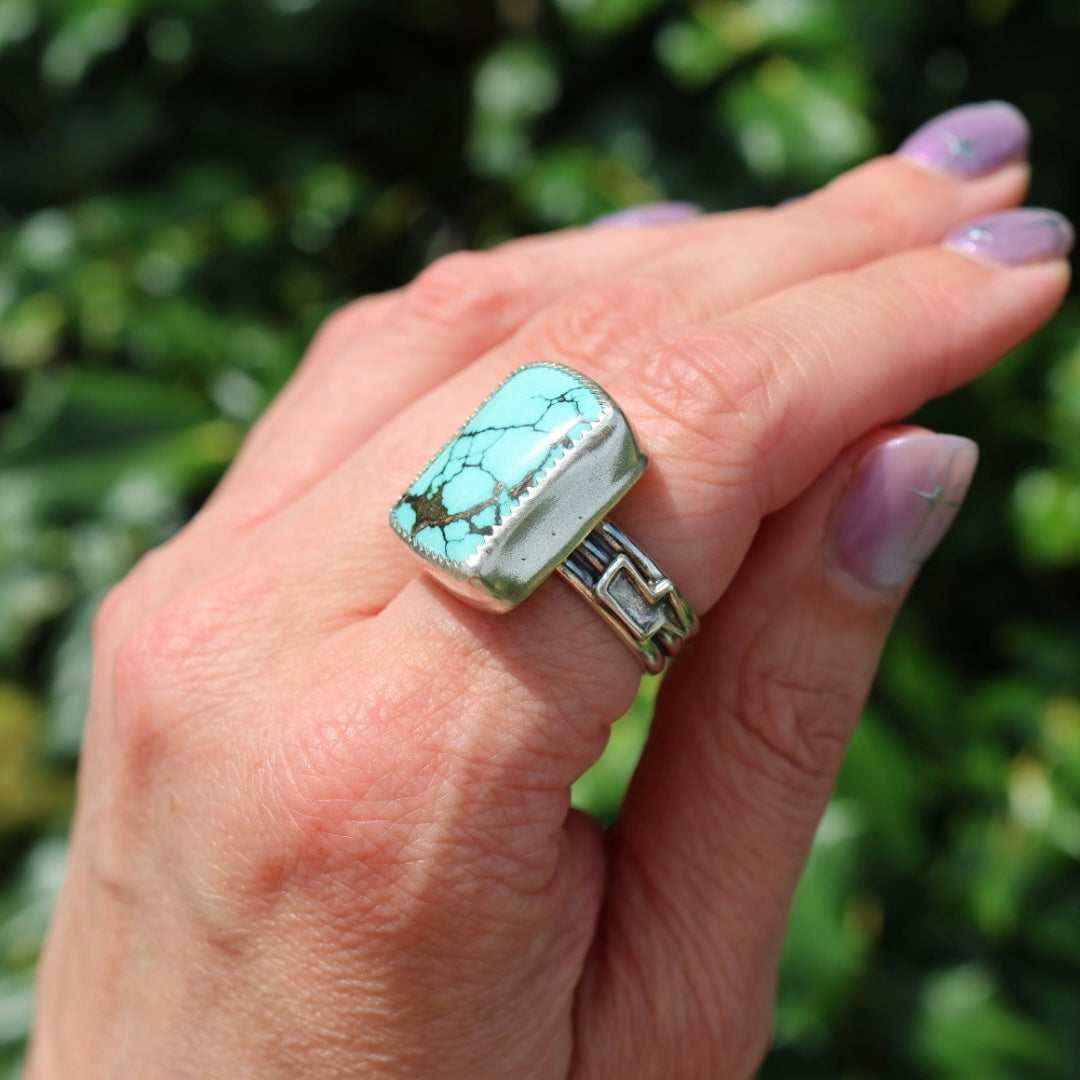 Turquoise Barrel Ring with Silver Lightning Bolts (Size 8-8.5)
