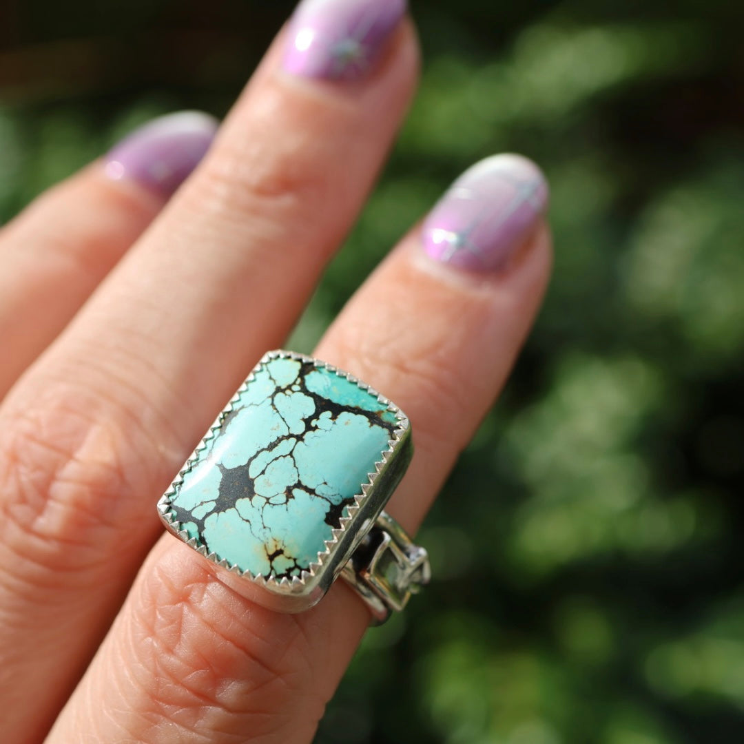 Turquoise Barrel Ring with Silver Lightning Bolts (Size 6)