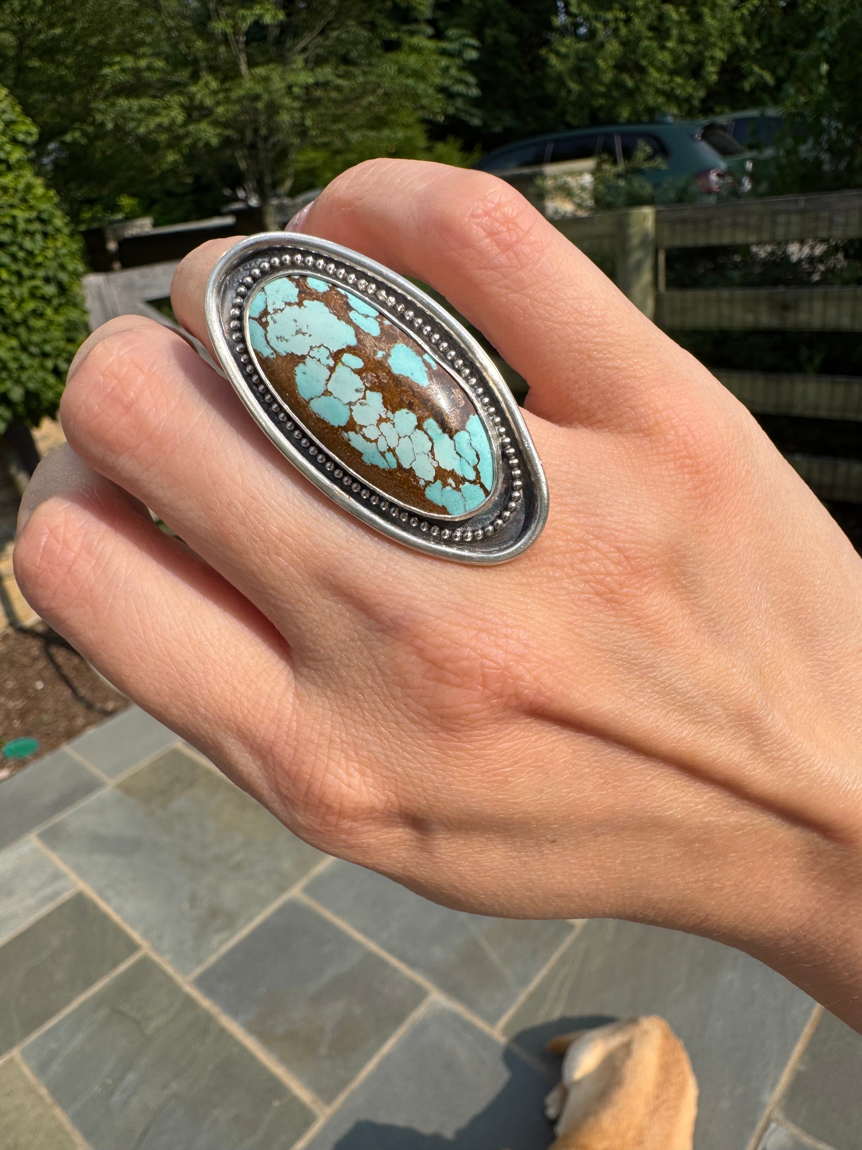 Turquoise Surfboard Ring in Sterling Silver | Decorative Sterling Border — Ready to Ship, One of a Kind