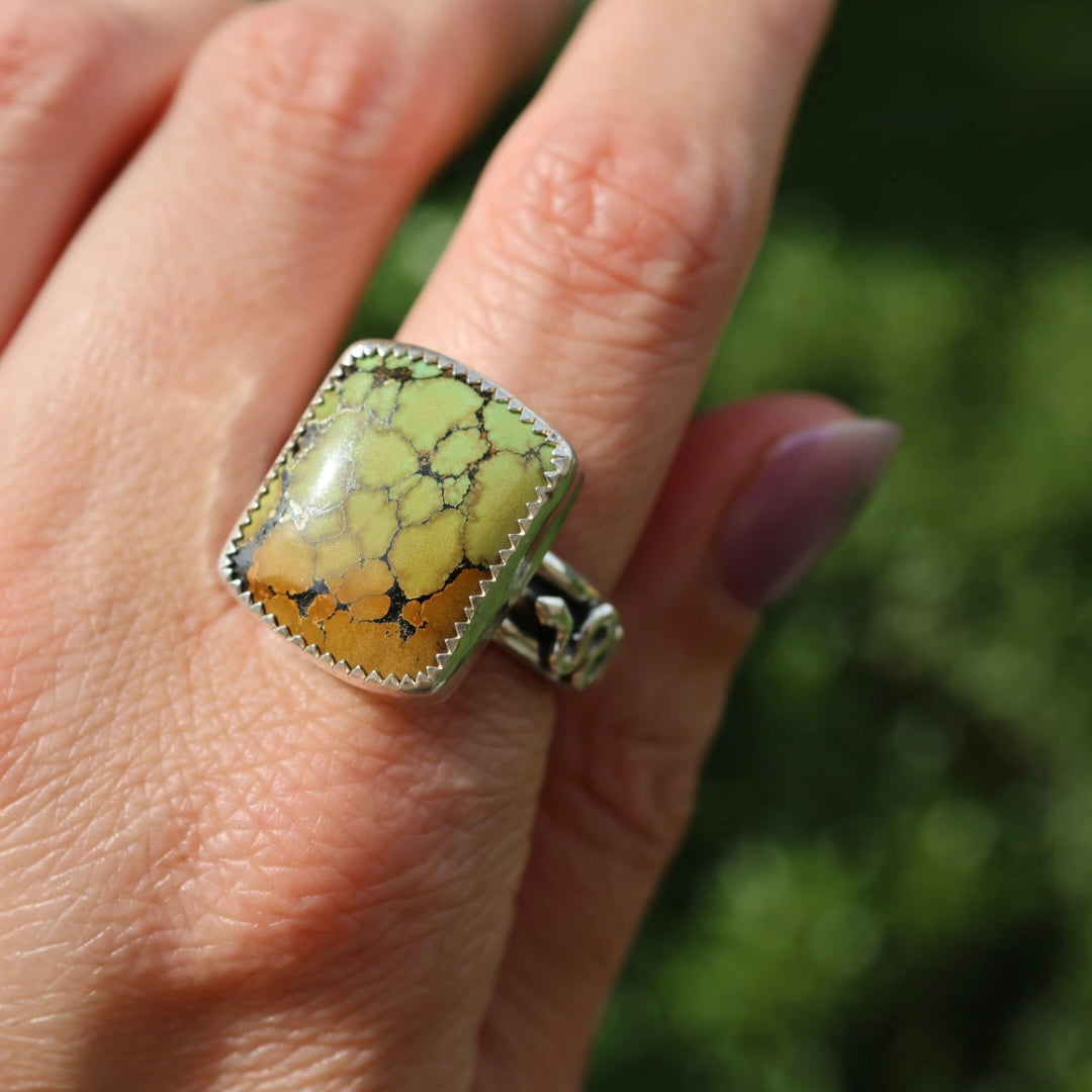Turquoise Barrel Ring with Silver Snakes (Size 10.25)