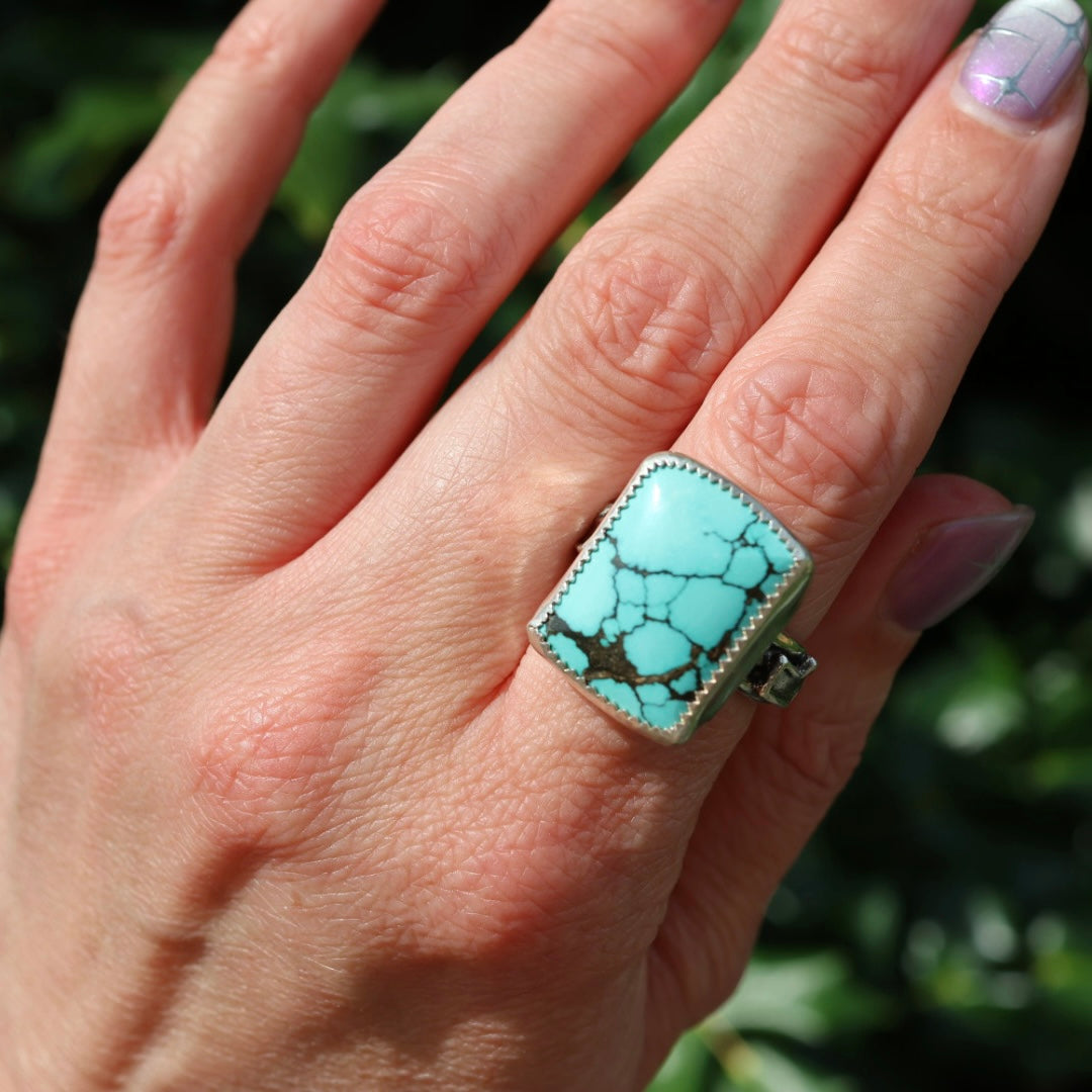 Turquoise Barrel Ring with Silver Lightning Bolts (Size 8-8.5)