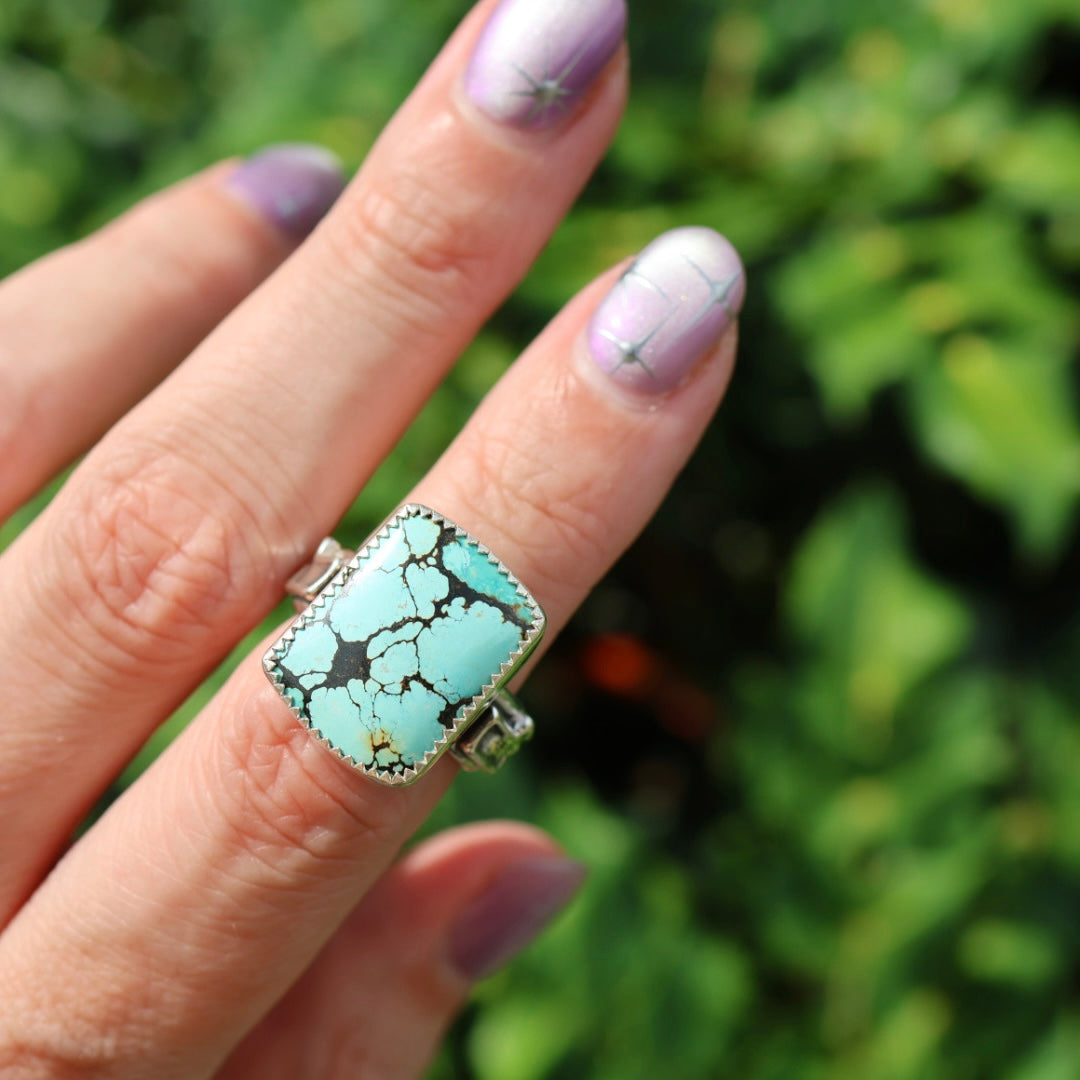 Turquoise Barrel Ring with Silver Lightning Bolts (Size 6)
