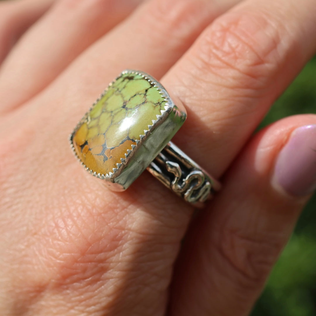 Turquoise Barrel Ring with Silver Snakes (Size 10.25)