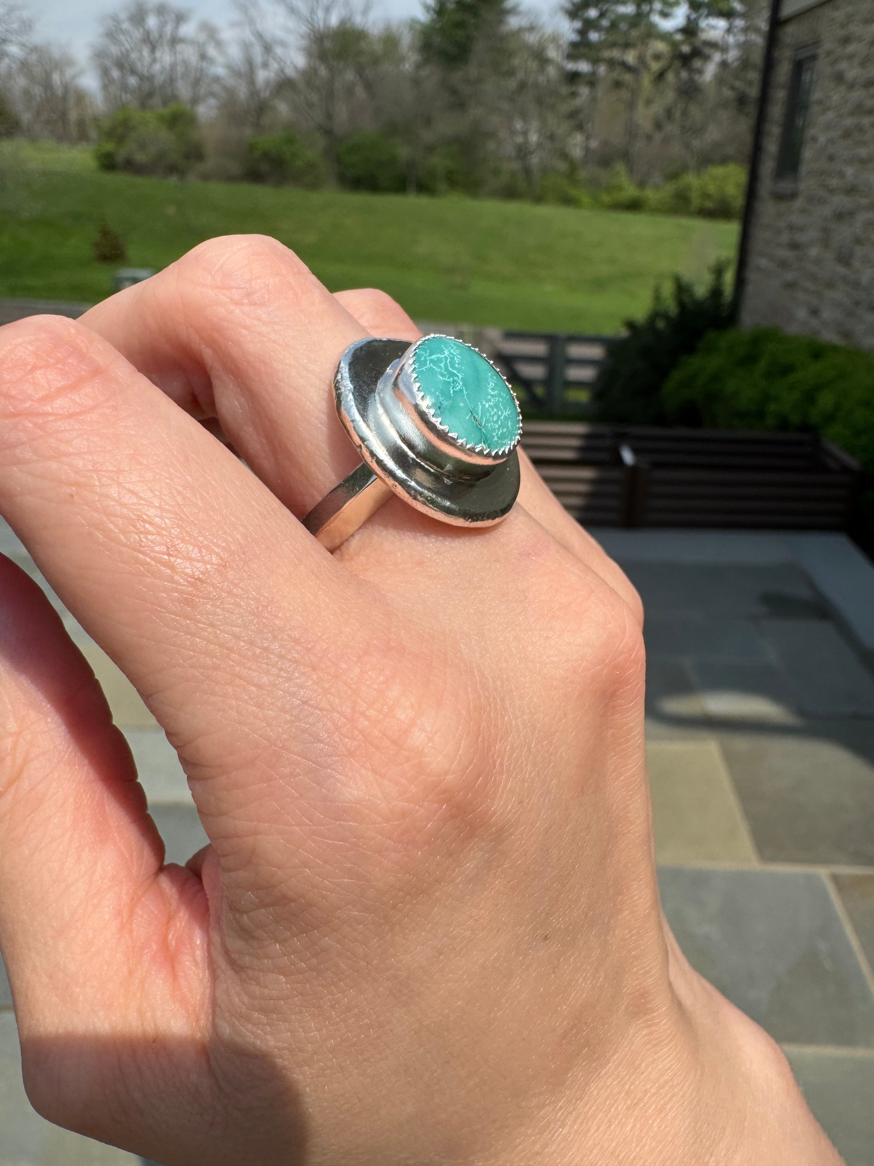 Blue turquoise silver medallion ring