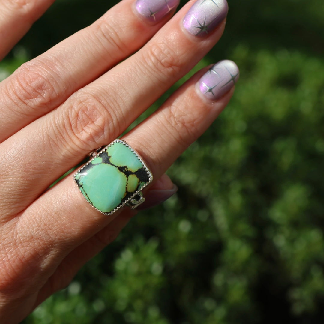 Turquoise Barrel Ring with Silver Snakes (Size 7.25)