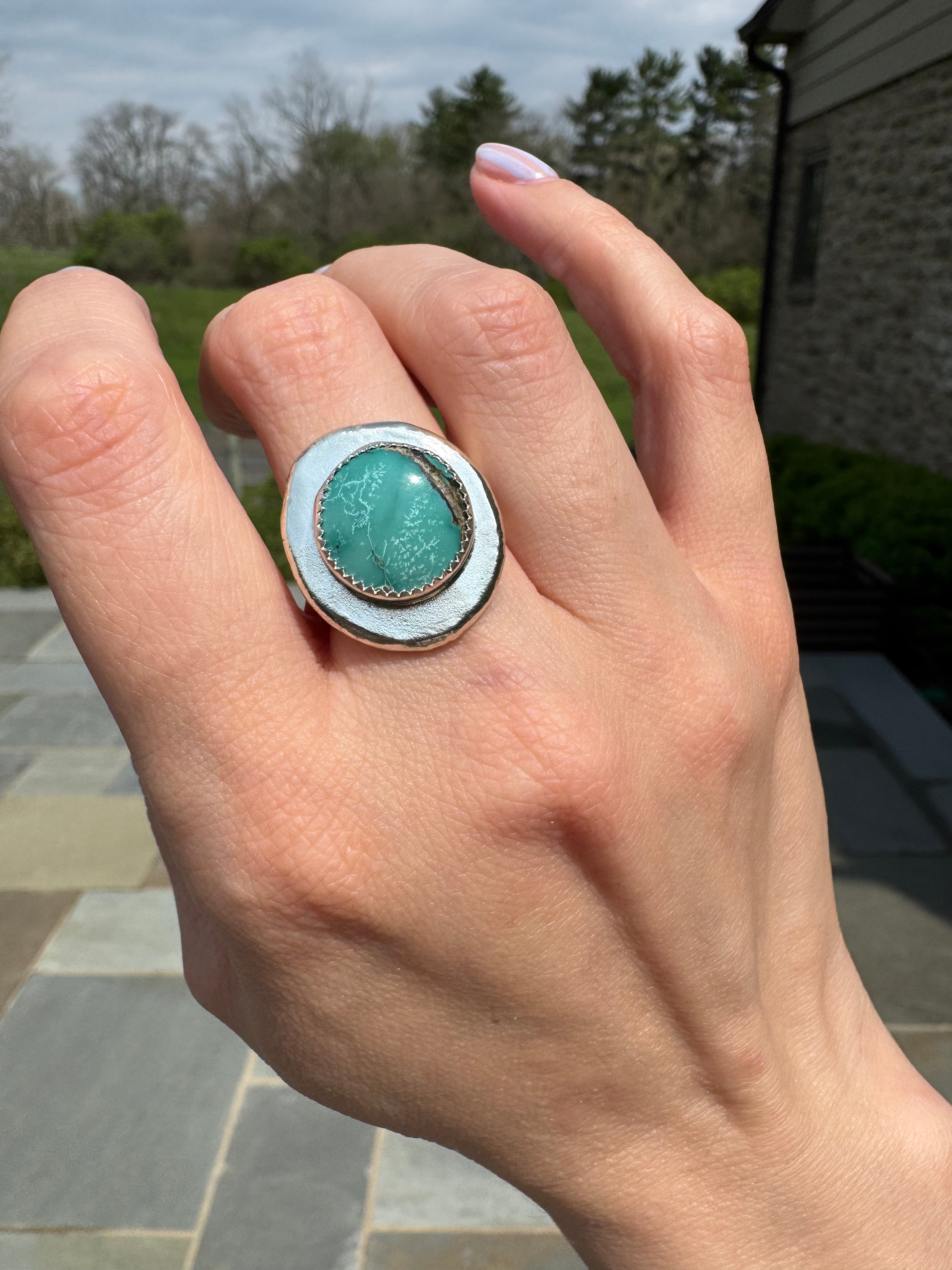 Blue turquoise silver medallion ring