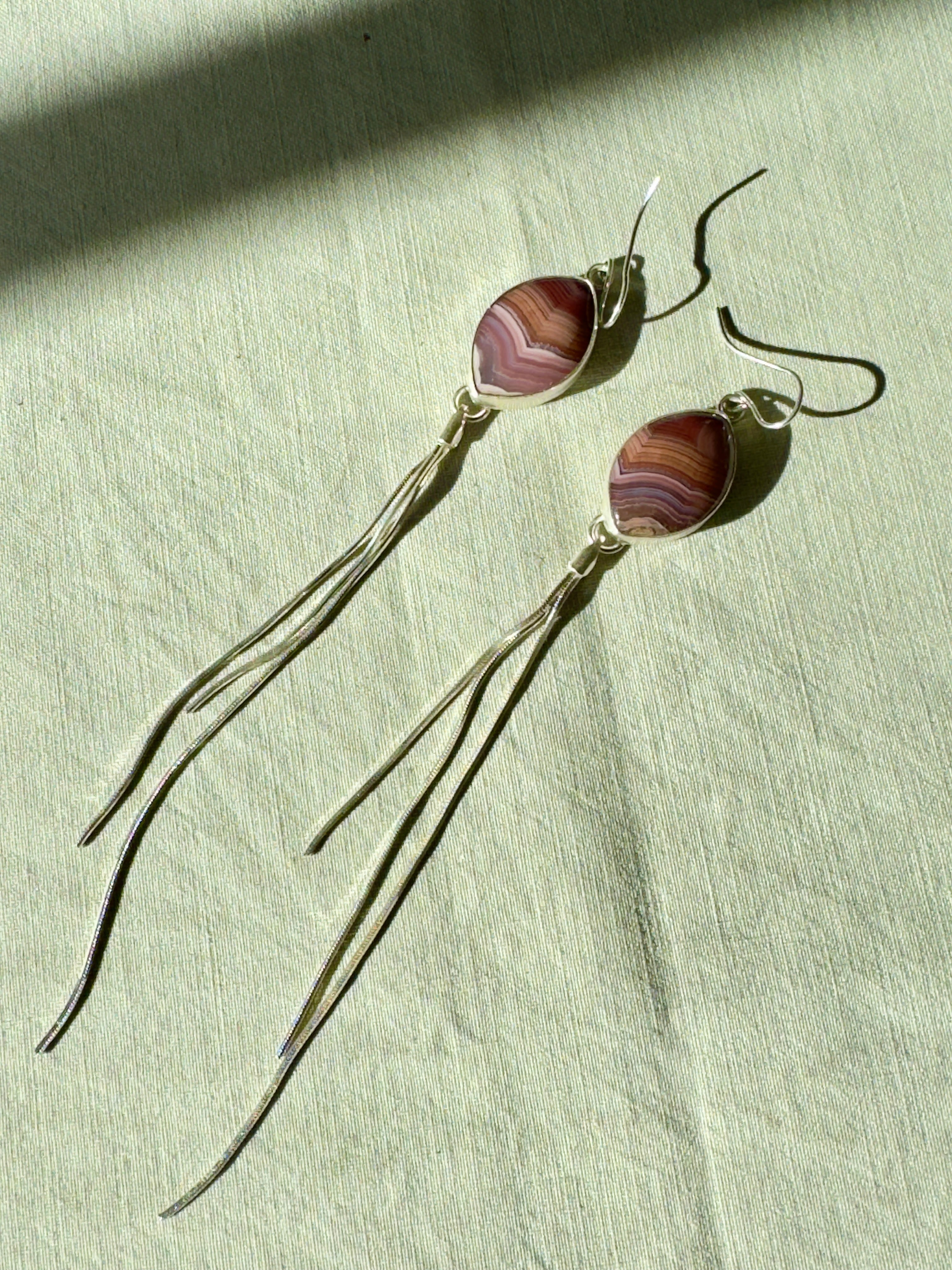 pink, purple and orange striped aqua nueva dangly earrings with fringe sterling silver snake chain to add movement. one of a kind, handmade earrings. boho chic jewelry