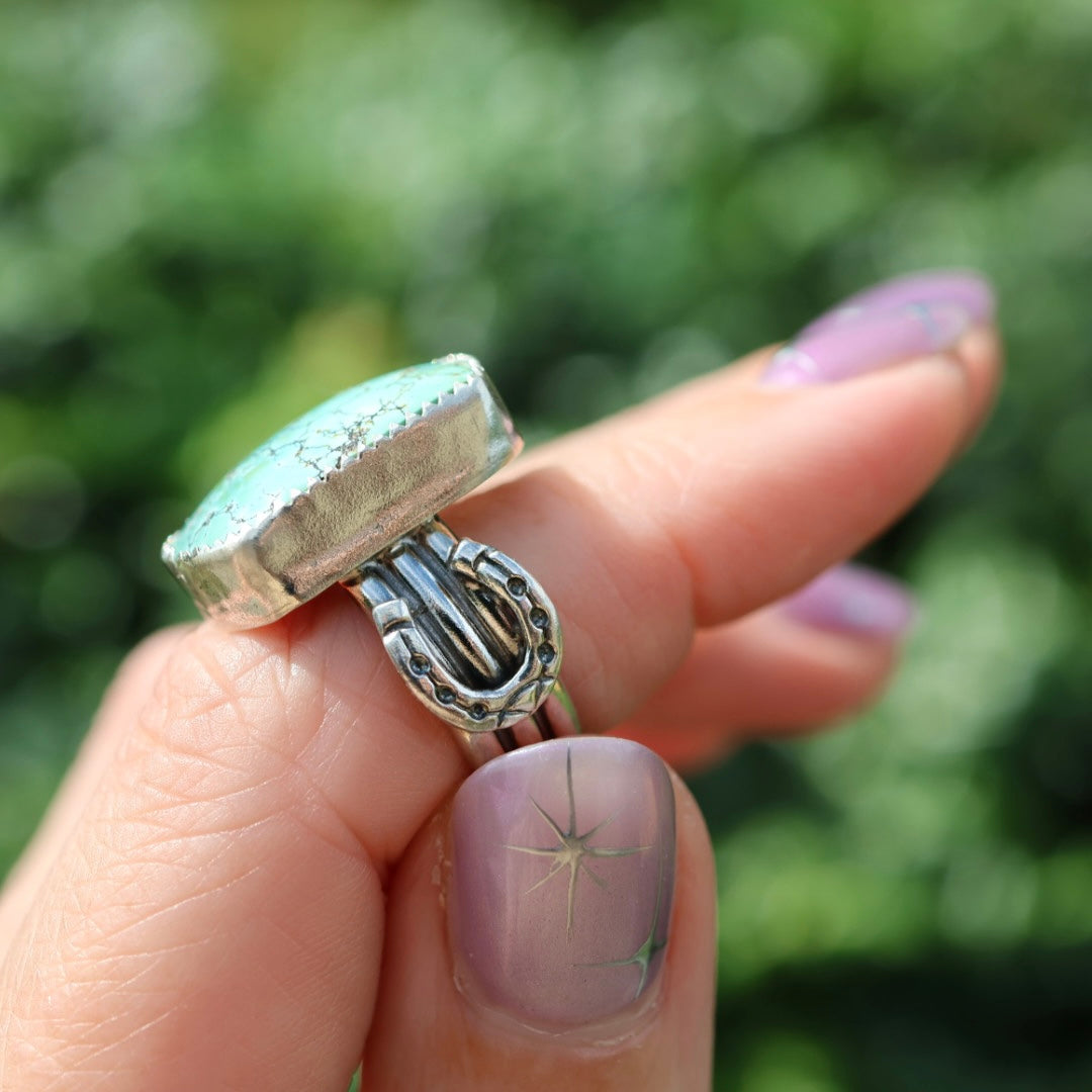 Turquoise Barrel Ring with Horseshoes (Size 6.5)