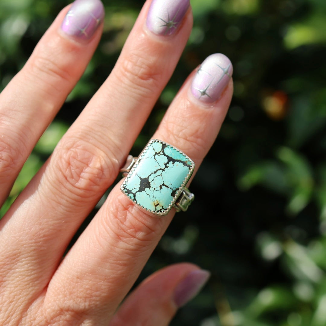 Turquoise Barrel Ring with Silver Lightning Bolts (Size 6)
