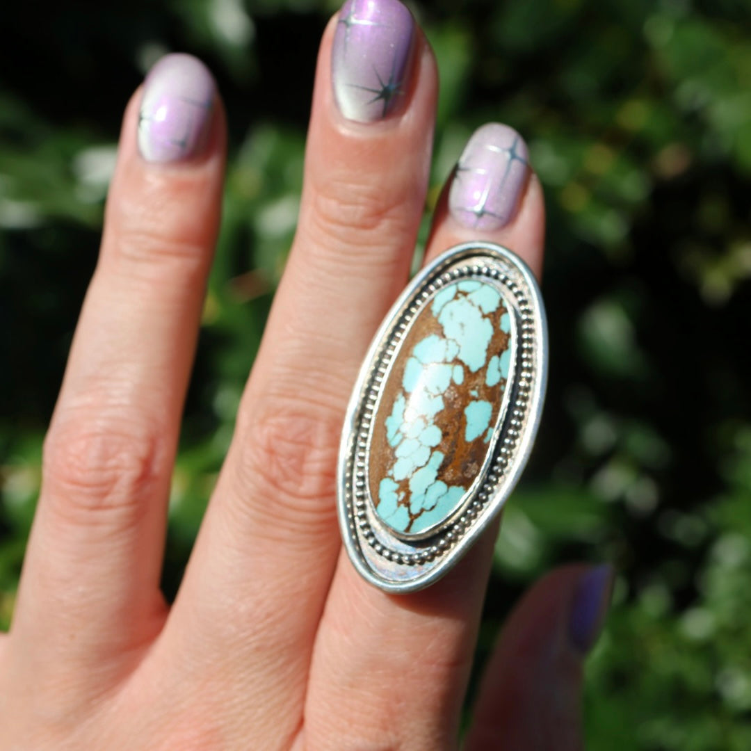 Turquoise Surfboard Ring in Sterling Silver | Decorative Sterling Border — One of a Kind | Size 5.5