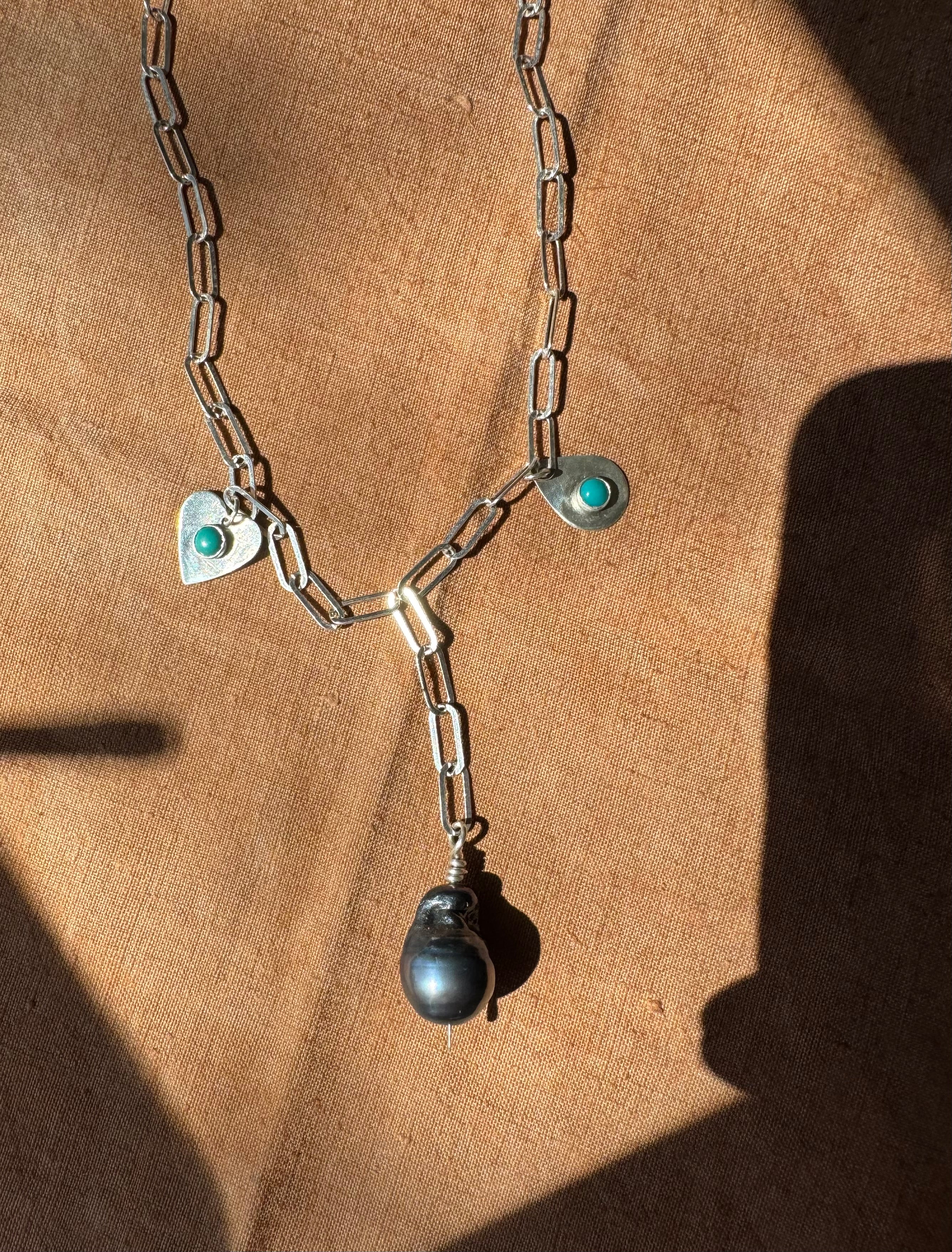 Sterling Silver Paperclip Chain with Carico Lake Turquoise and Baroque Pearl