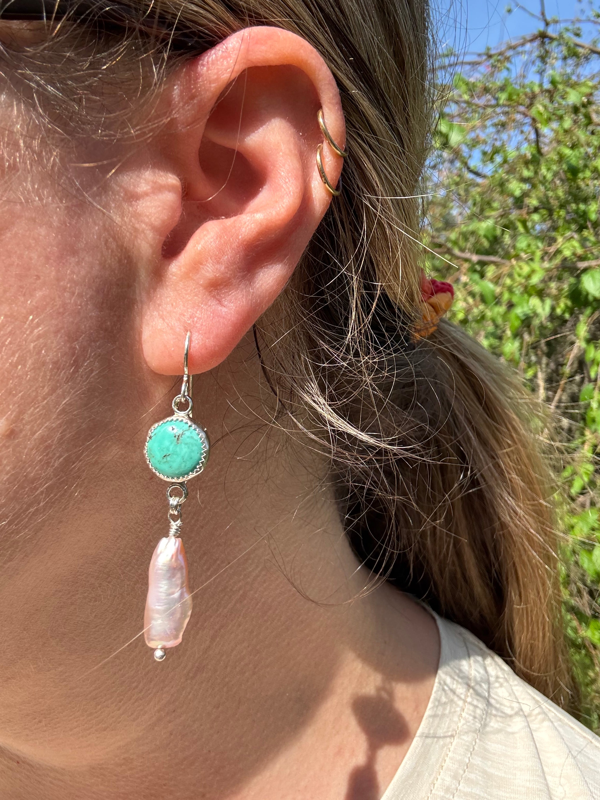 Carico Lake Turquoise & Freshwater Biwa Pearl Earrings