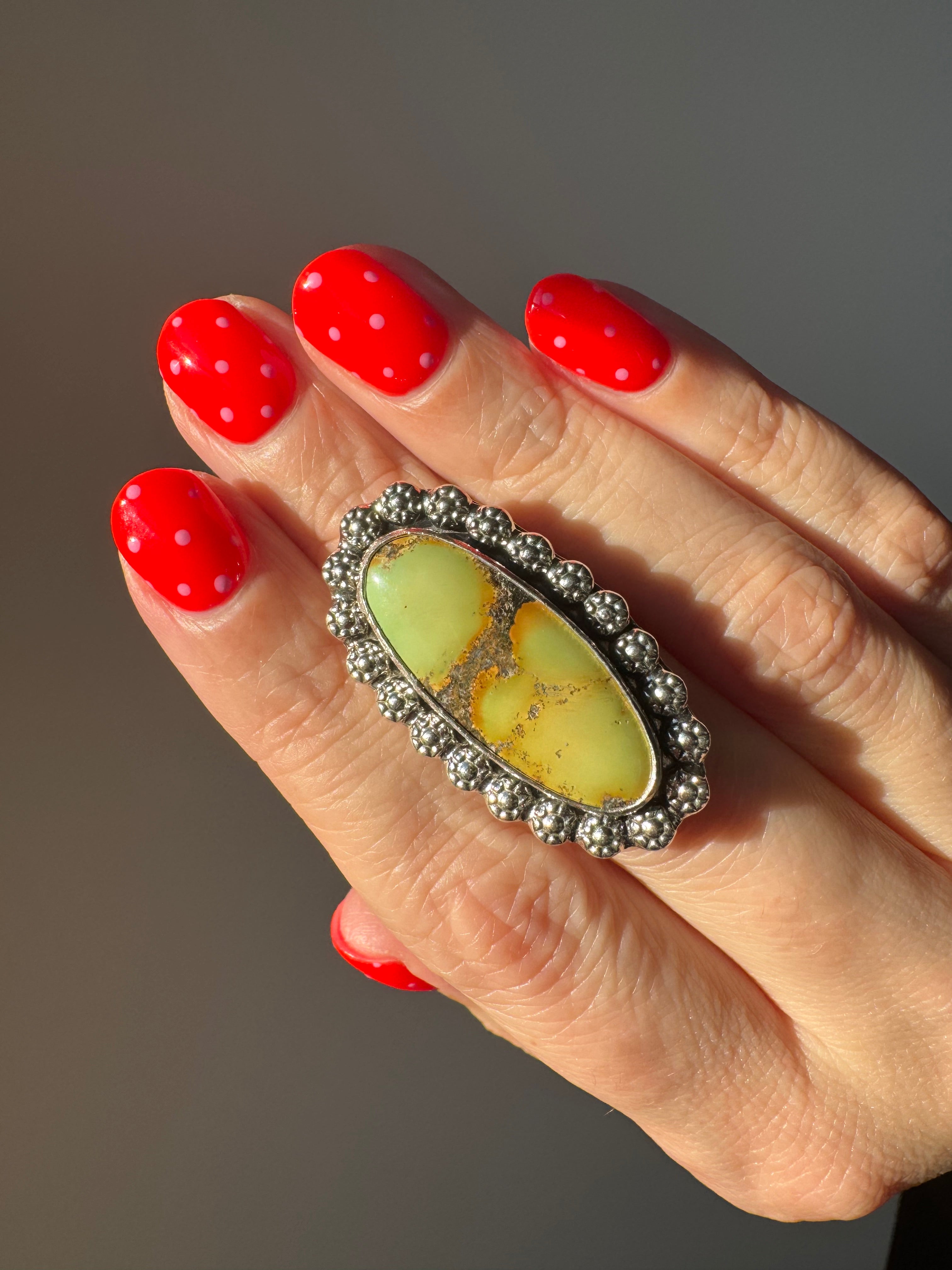 Turquoise Surfboard Ring in Sterling Silver | Decorative Berry Wire Border — Ready to Ship, One of a Kind