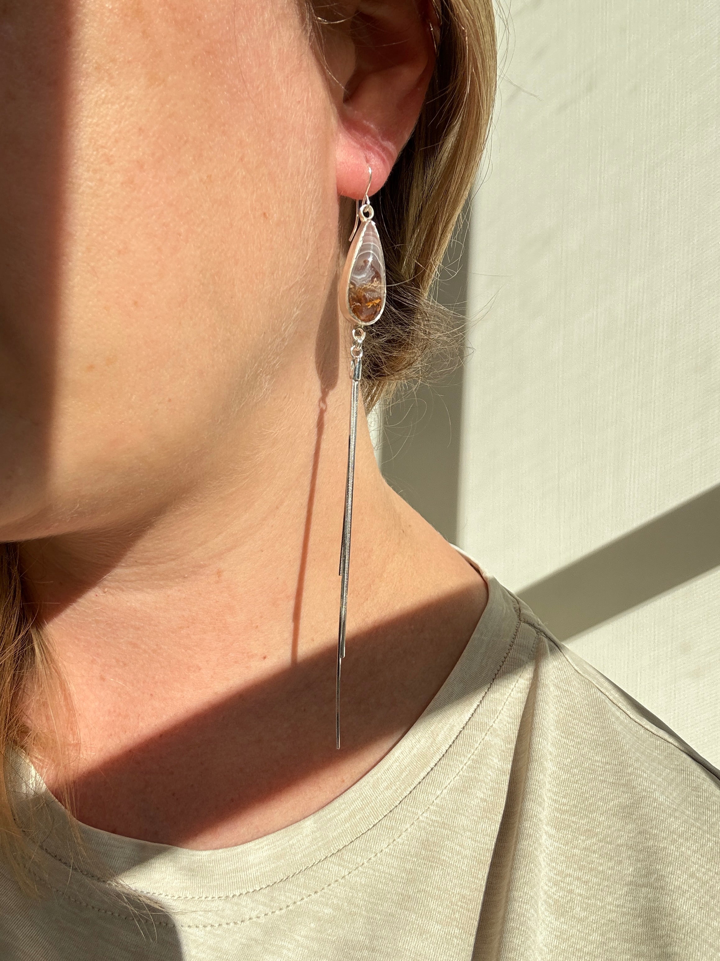 Lavender and Cinnamon striped agua nueva dangly earrings with fringe sterling silver snake chain to add movement. one of a kind, handmade earrings. boho chic jewelry