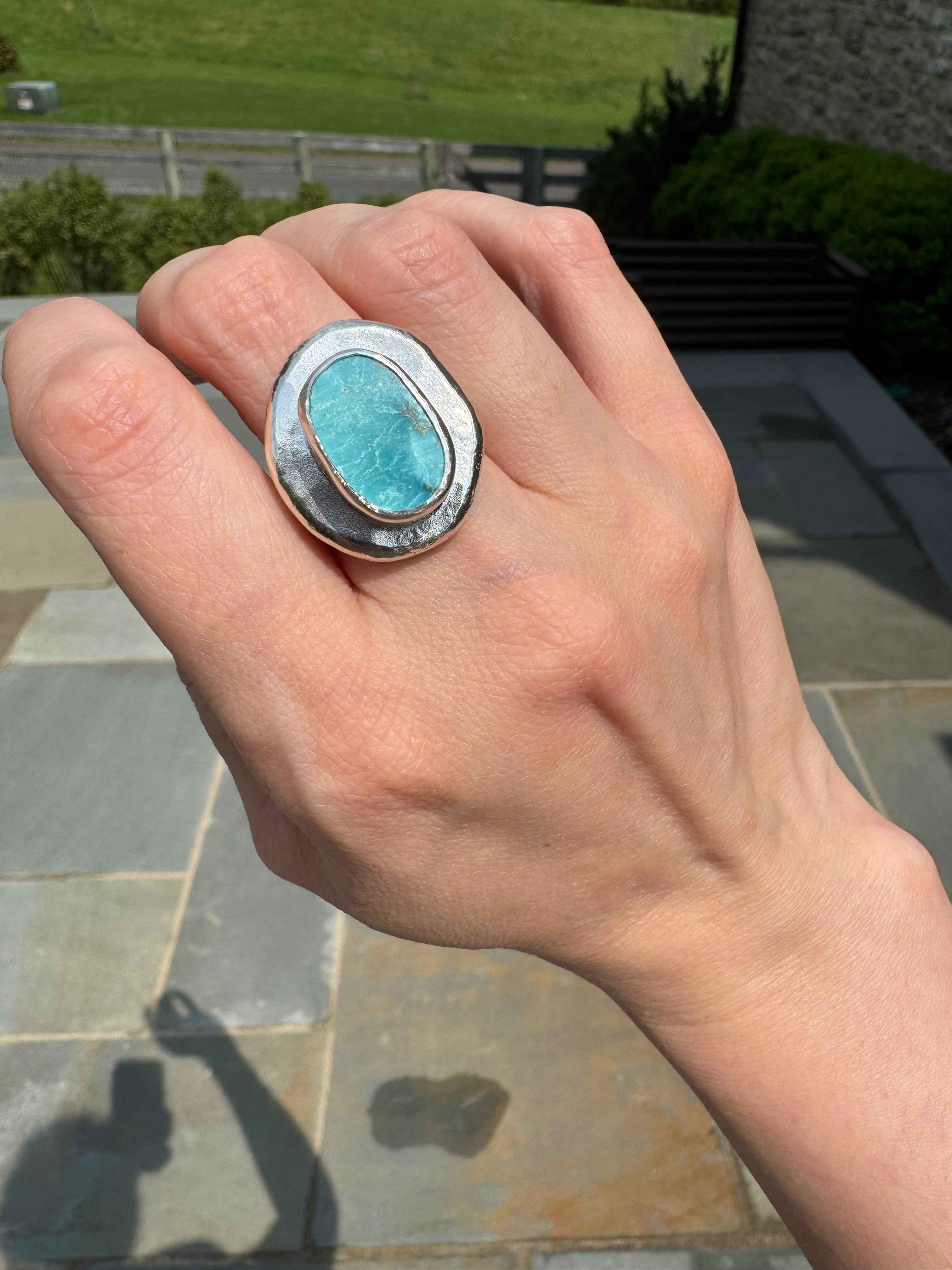 Blue turquoise silver medallion ring