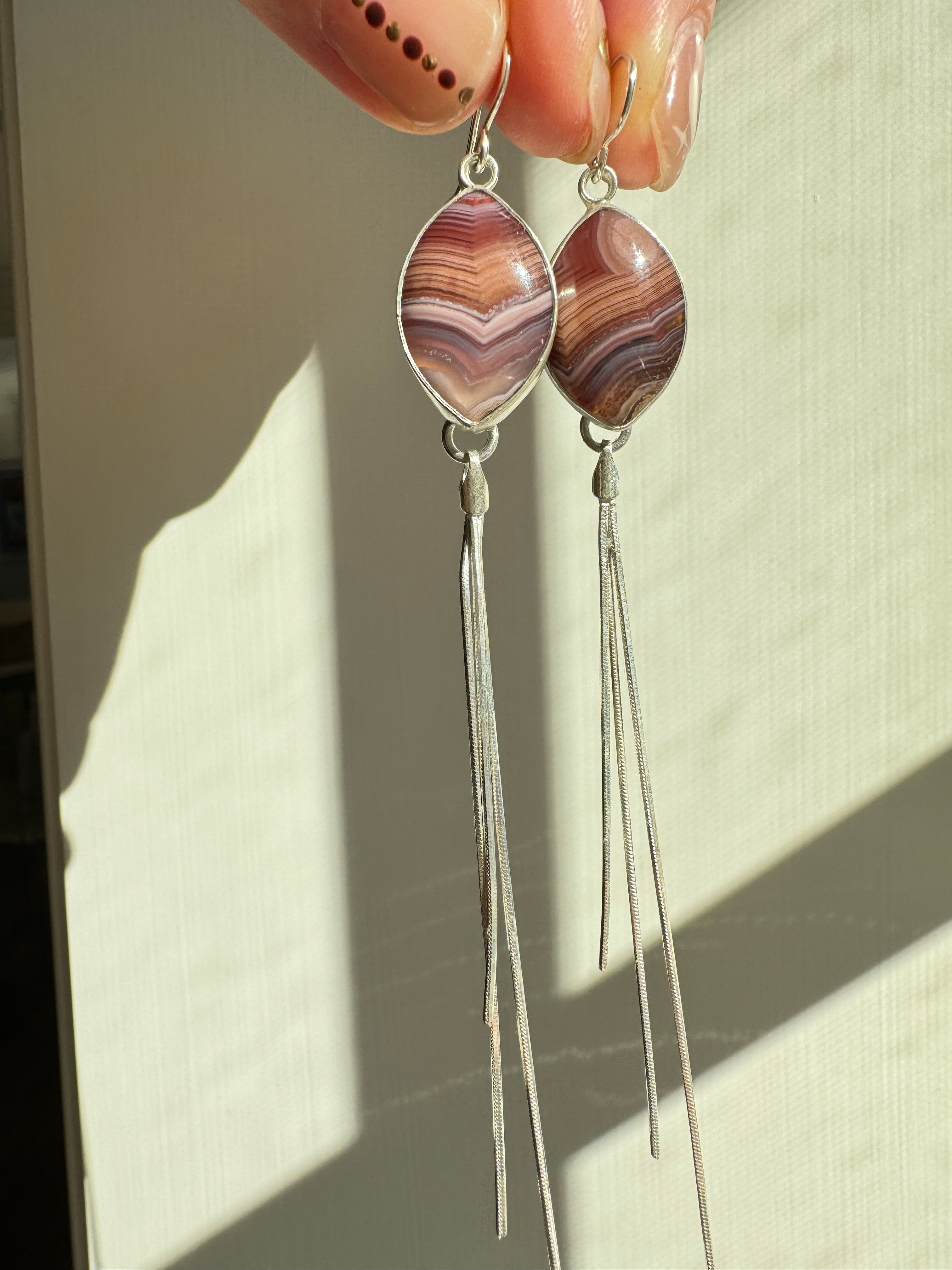 pink, purple and orange striped aqua nueva dangly earrings with fringe sterling silver snake chain to add movement. one of a kind, handmade earrings. boho chic jewelry