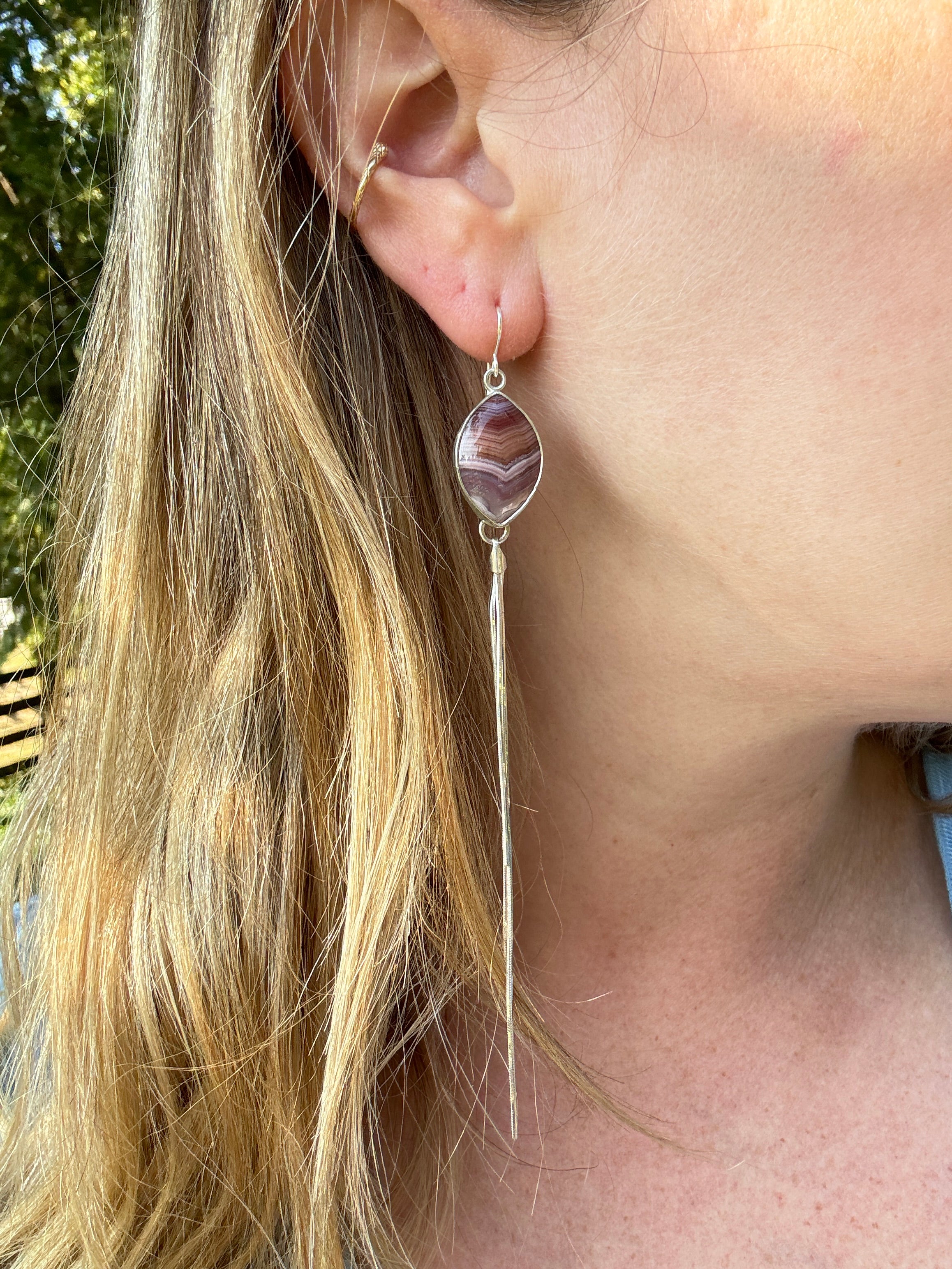 pink, purple and orange striped aqua nueva dangly earrings with fringe sterling silver snake chain to add movement. one of a kind, handmade earrings. boho chic jewelry