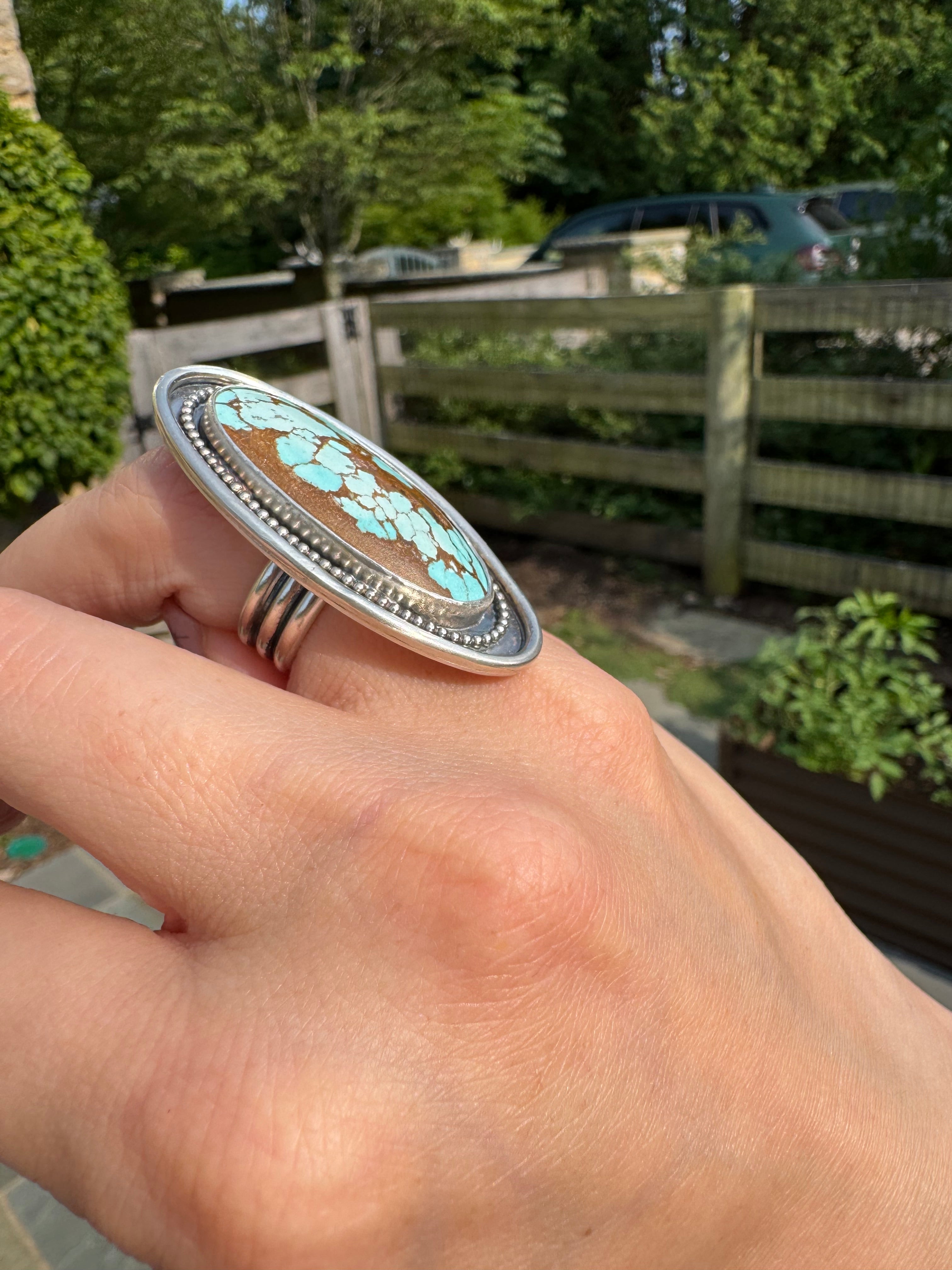 Turquoise Surfboard Ring in Sterling Silver | Decorative Sterling Border — Ready to Ship, One of a Kind