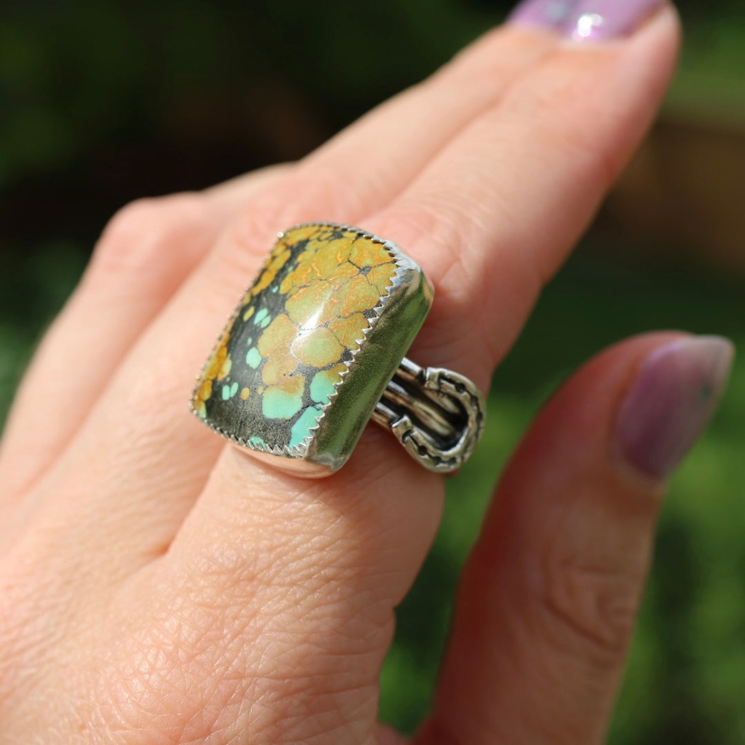 Turquoise Barrel Ring with Horseshoes (Size 7.5-8)