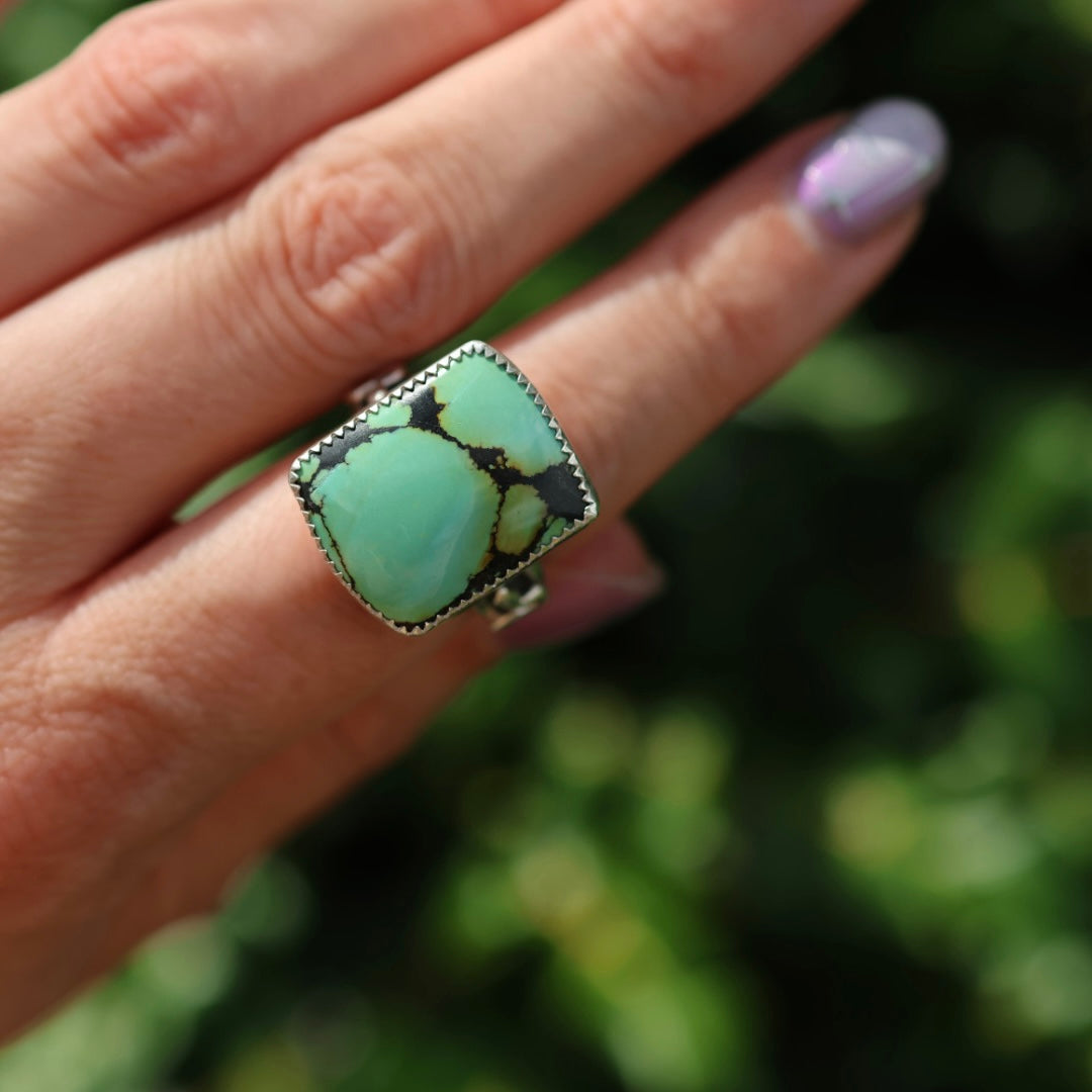 Turquoise Barrel Ring with Silver Snakes (Size 7.25)